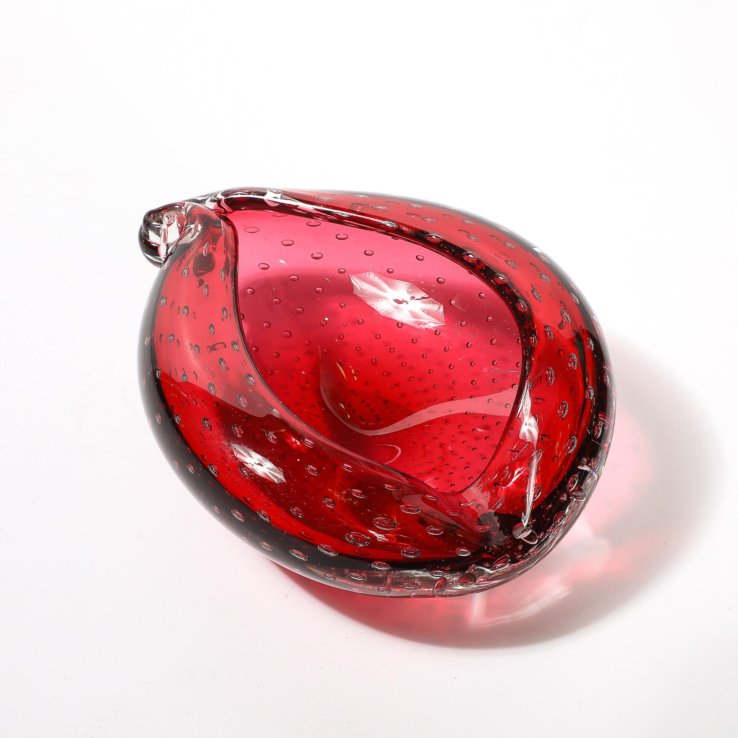 Mid-20th Century Mid-Century Hand-Blown Crimson Murano Glass Drop Form Bowl W/ Bullicante Detail For Sale