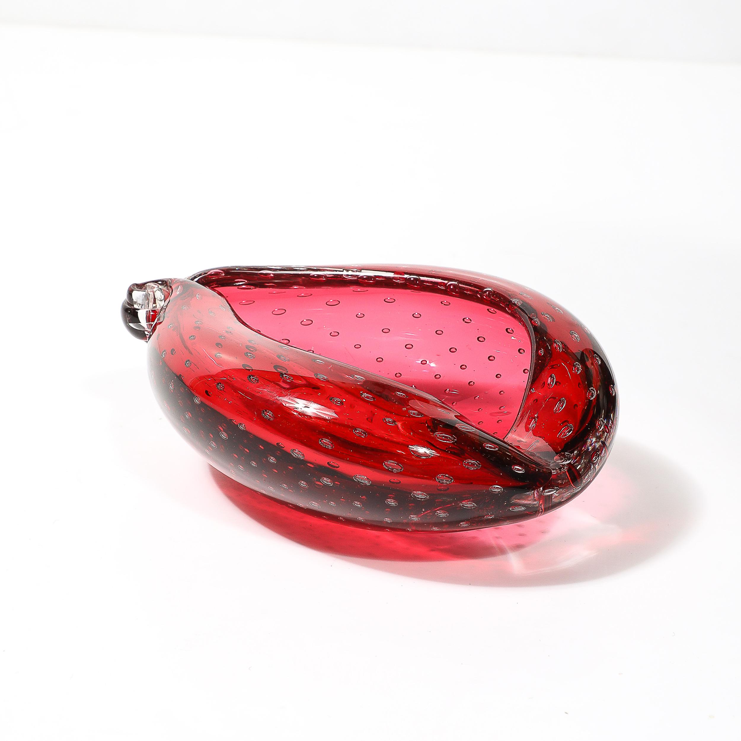 Mid-Century Hand-Blown Crimson Murano Glass Drop Form Bowl W/ Bullicante Detail For Sale 1