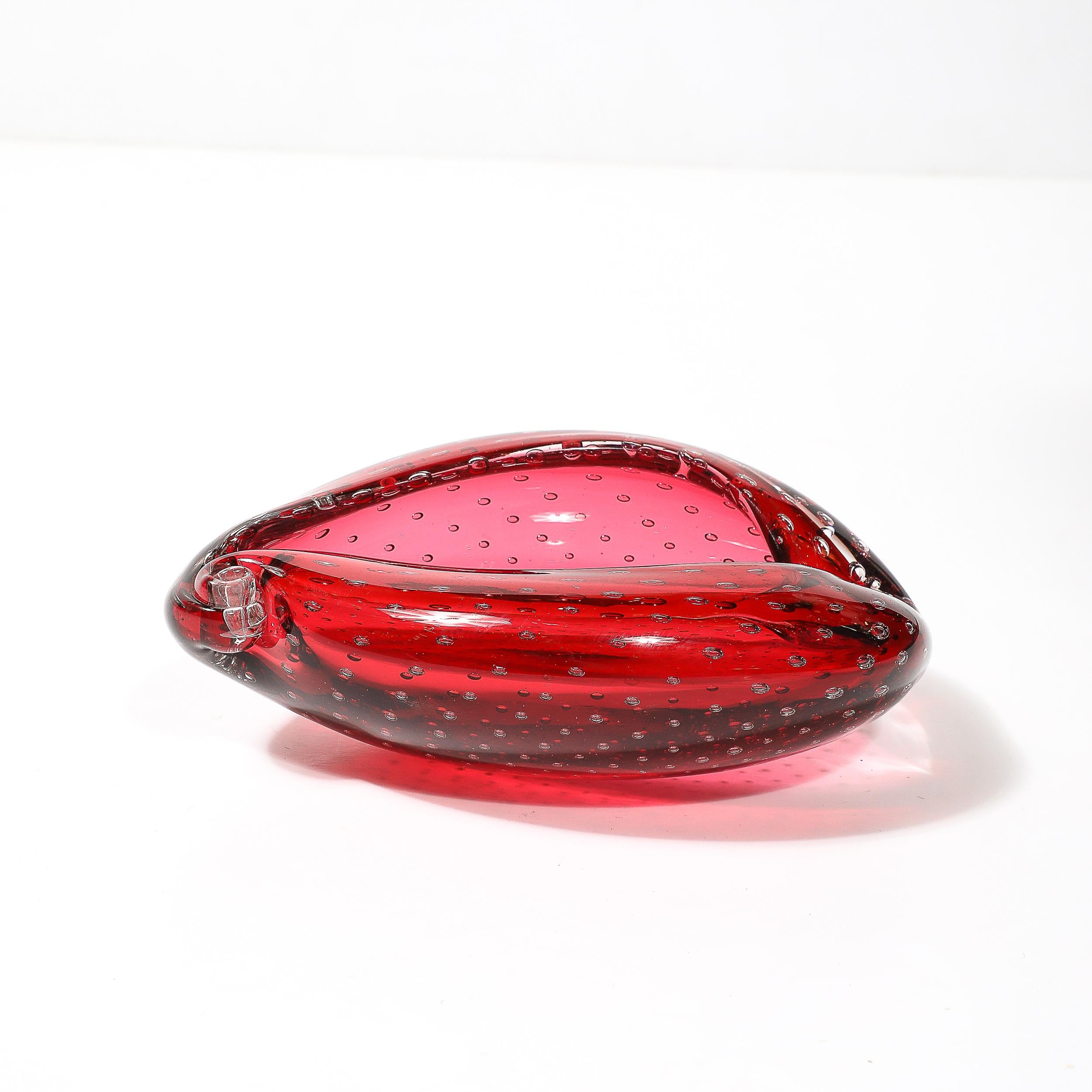 Mid-Century Hand-Blown Crimson Murano Glass Drop Form Bowl W/ Bullicante Detail For Sale 2