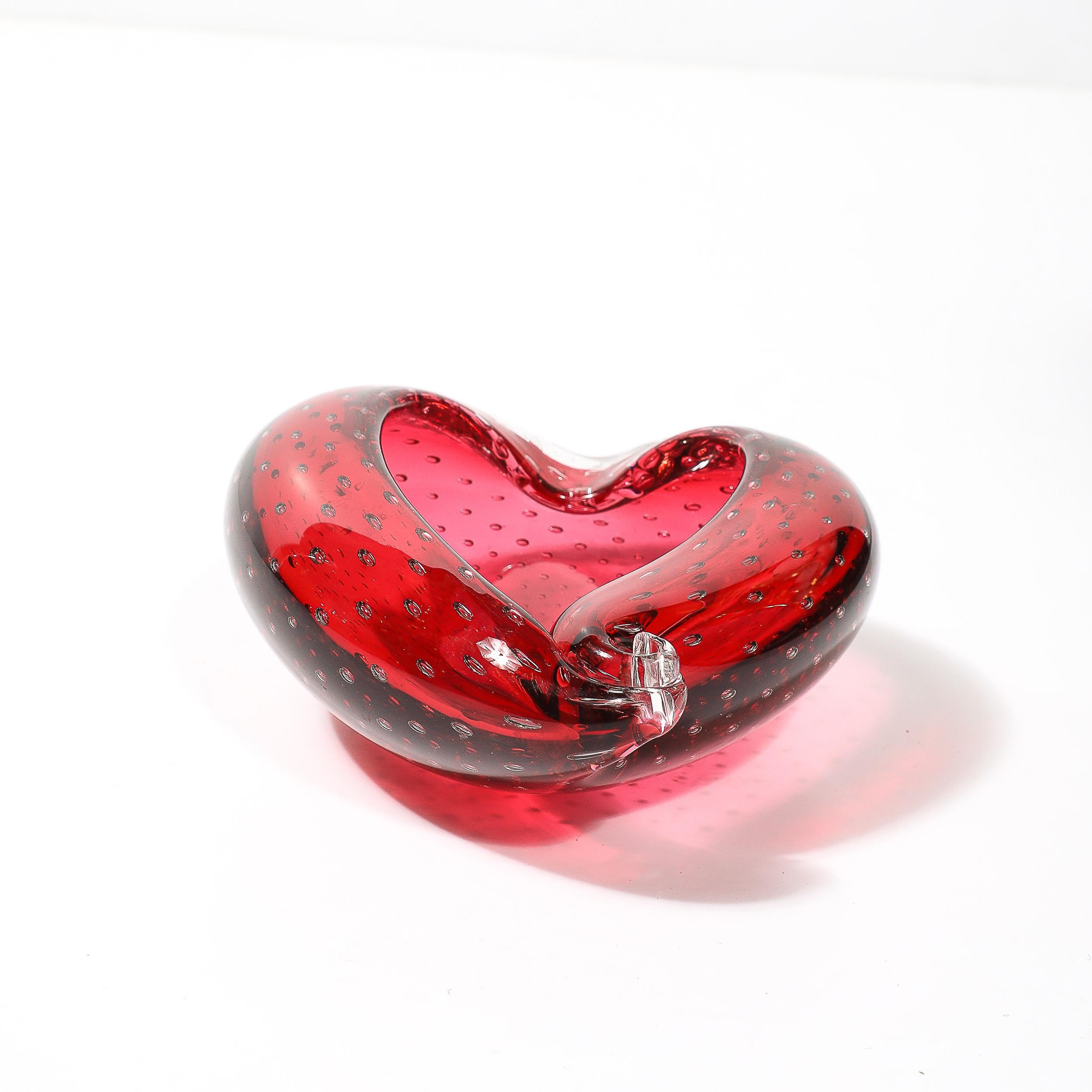 Mid-Century Hand-Blown Crimson Murano Glass Drop Form Bowl W/ Bullicante Detail For Sale 3