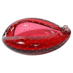 Mid-Century Hand-Blown Crimson Murano Glass Drop Form Bowl W/ Bullicante Detail