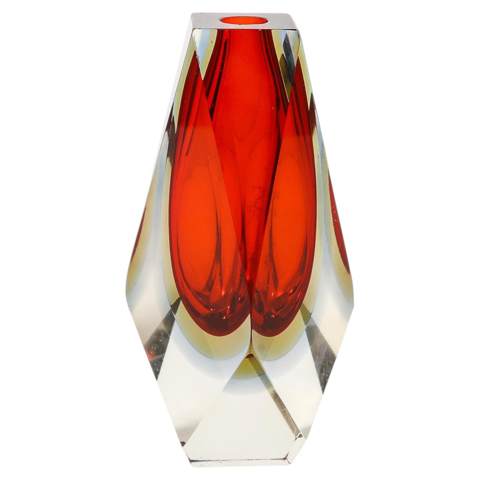 Mid-Century Hand-Blown Faceted Murano Glass Sommerso Ruby & Transparent Vase