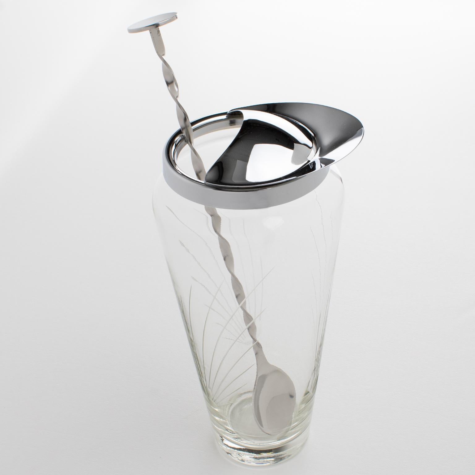 Mid-Century Modern Mid-Century Hand-Blown Glass and Metal Barware Cocktail Martini Pitcher, 1950s For Sale