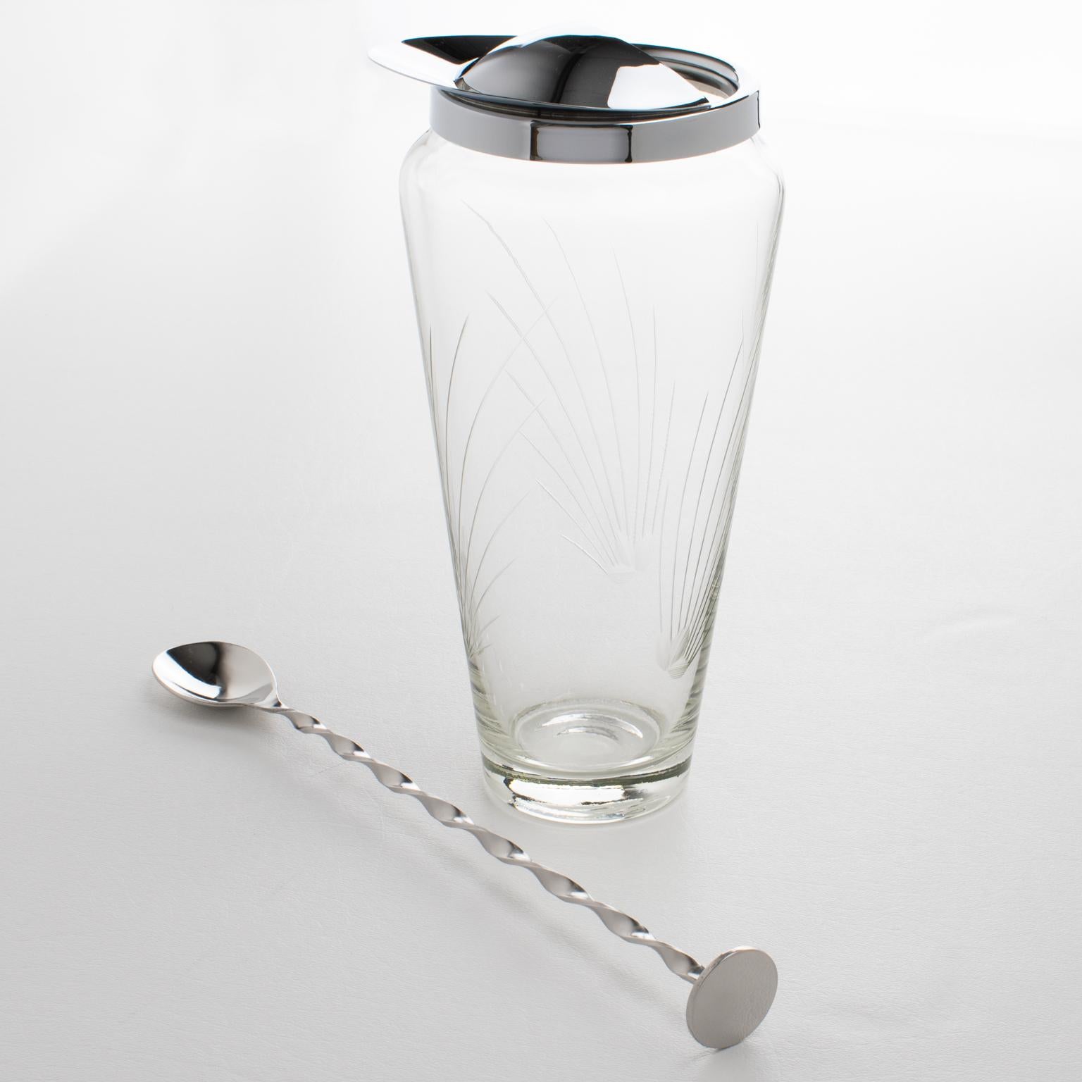 French Mid-Century Hand-Blown Glass and Metal Barware Cocktail Martini Pitcher, 1950s For Sale
