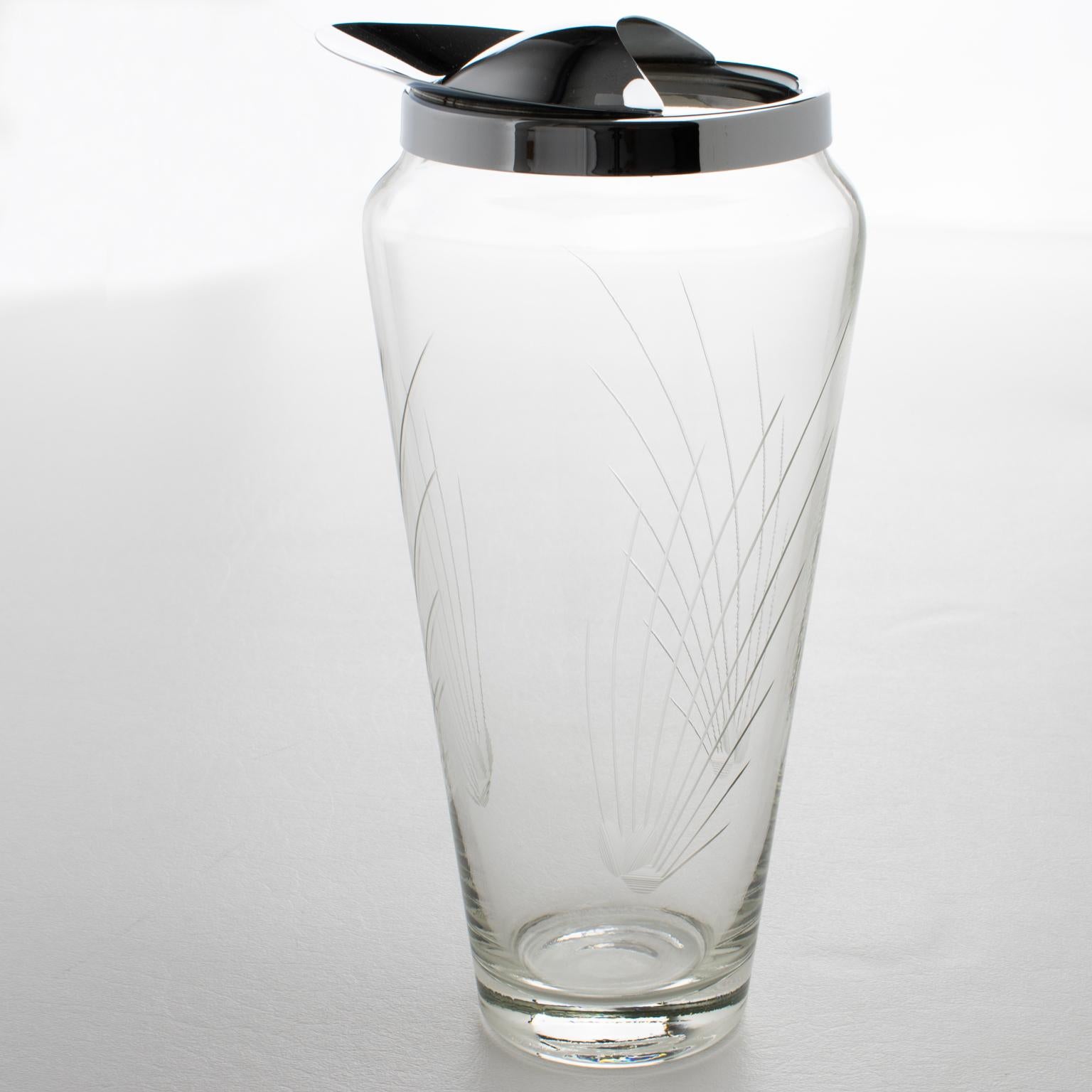 Mid-Century Hand-Blown Glass and Metal Barware Cocktail Martini Pitcher, 1950s In Excellent Condition For Sale In Atlanta, GA