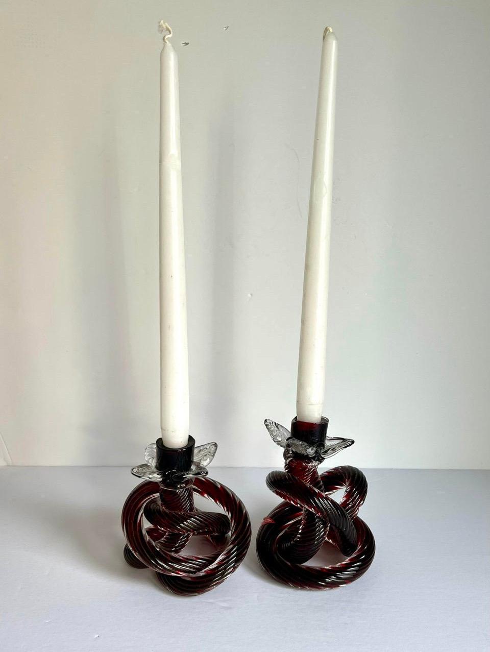 Unique pair of hand blown glass knot candle holders, beautiful deep burgundy color, original label attached.
art at its best!
One is slightly bigger than the other one
Measures: Candle holder #1- 4” x 5” x 5.5” H
Candle holder #2- 4” x 5” x 6” H.