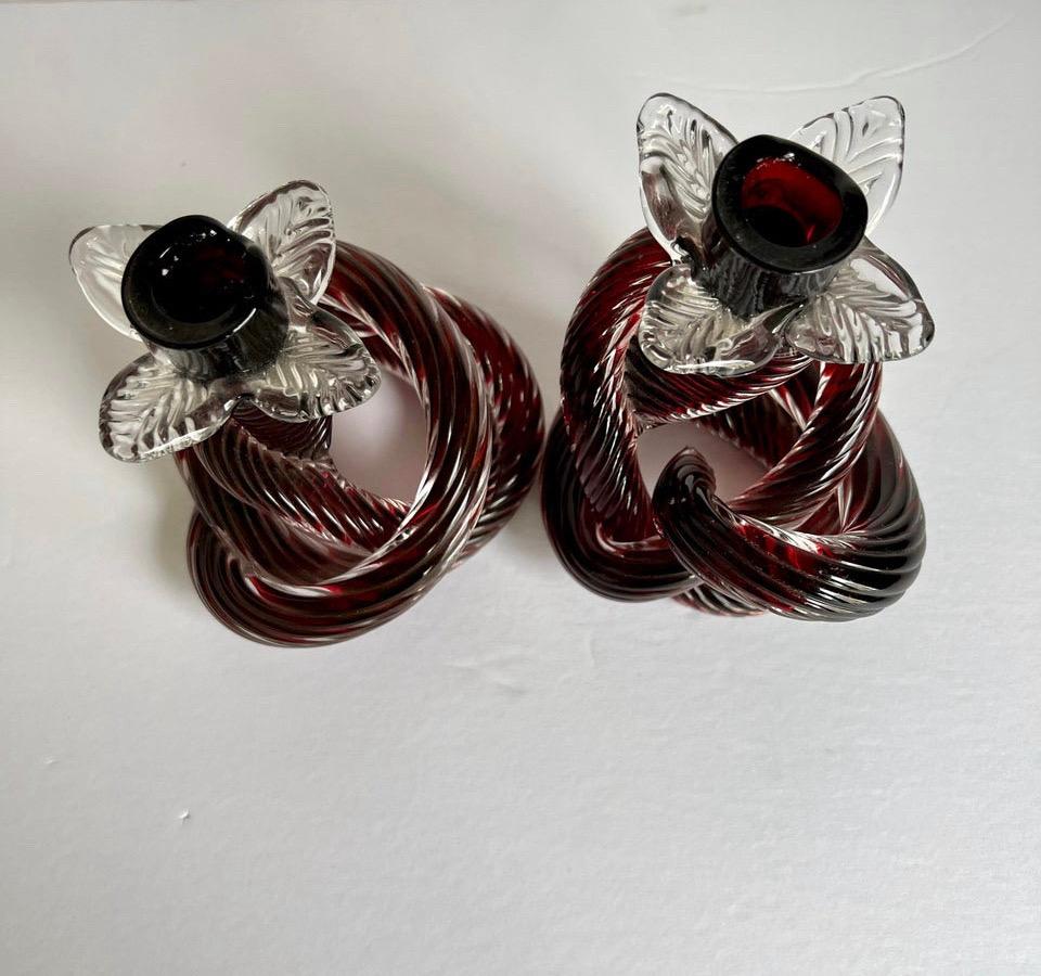 Czech Mid-Century Hand Blown Glass Knot Candle Holders, a Pair For Sale