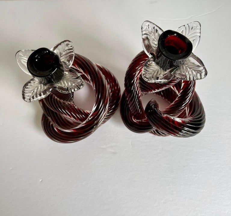 MidCentury Hand Blown Glass Knot Candle Holders, a Pair For Sale at