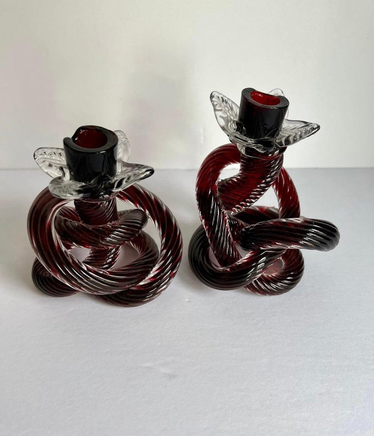 MidCentury Hand Blown Glass Knot Candle Holders, a Pair For Sale at