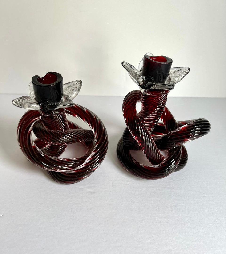 20th Century Mid-Century Hand Blown Glass Knot Candle Holders, a Pair For Sale
