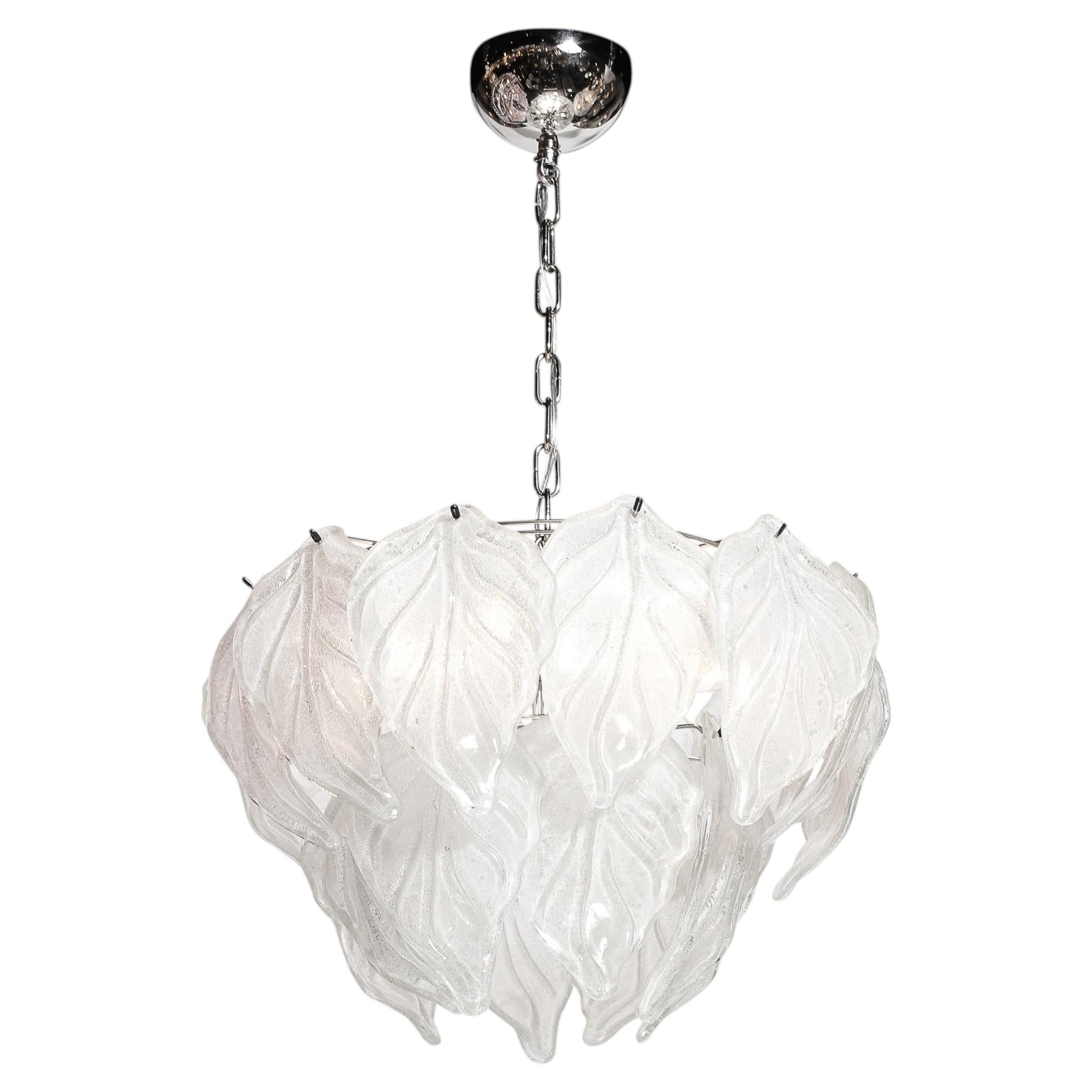 Mid-Century Hand-Blown Leaf Form Mottled Murano Glass Chandelier by Mazzega