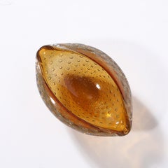 Mid-Century Hand-Blown Murano Amber Bullicante Glass Dish w/ 24kt Gold Flecks
