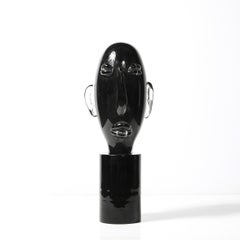 Sculpture de tête en verre noir de Murano soufflé à la bouche au milieu du siècle, signée Sergio Rossi