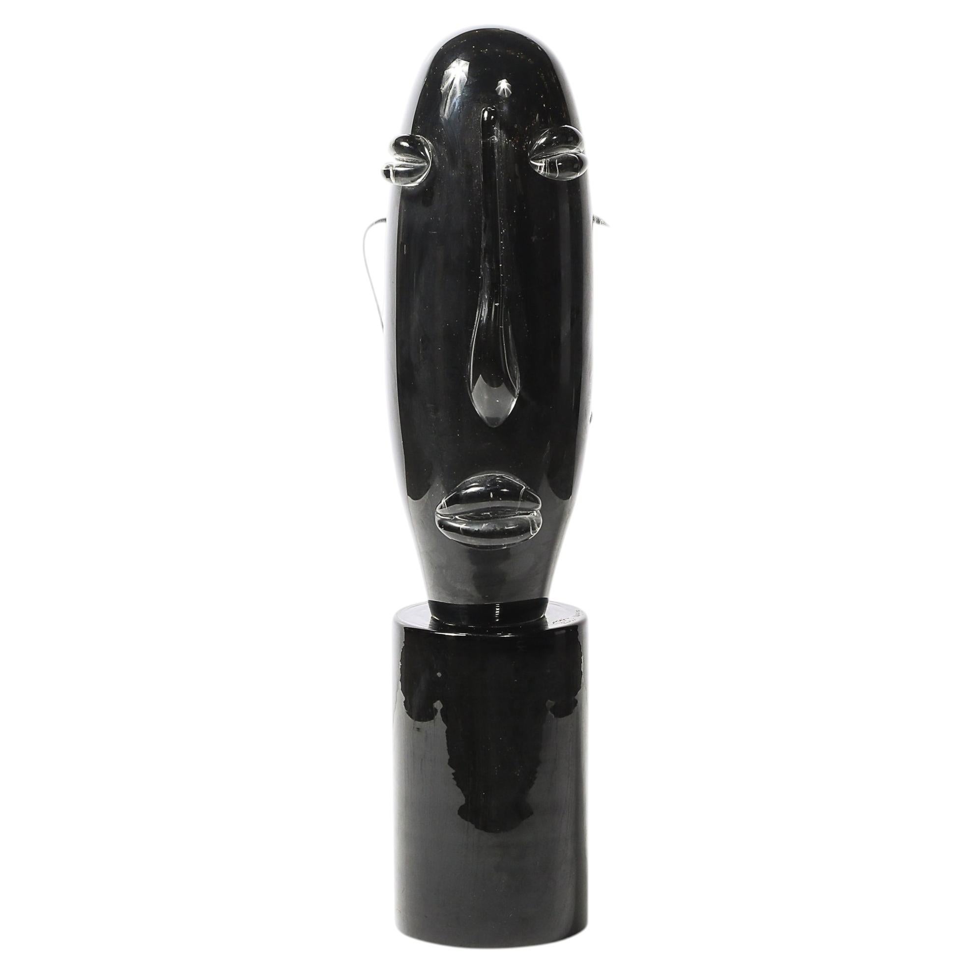 Mid-Century Hand-Blown Murano Black Glass Head Sculpture signed Sergio Rossi For Sale