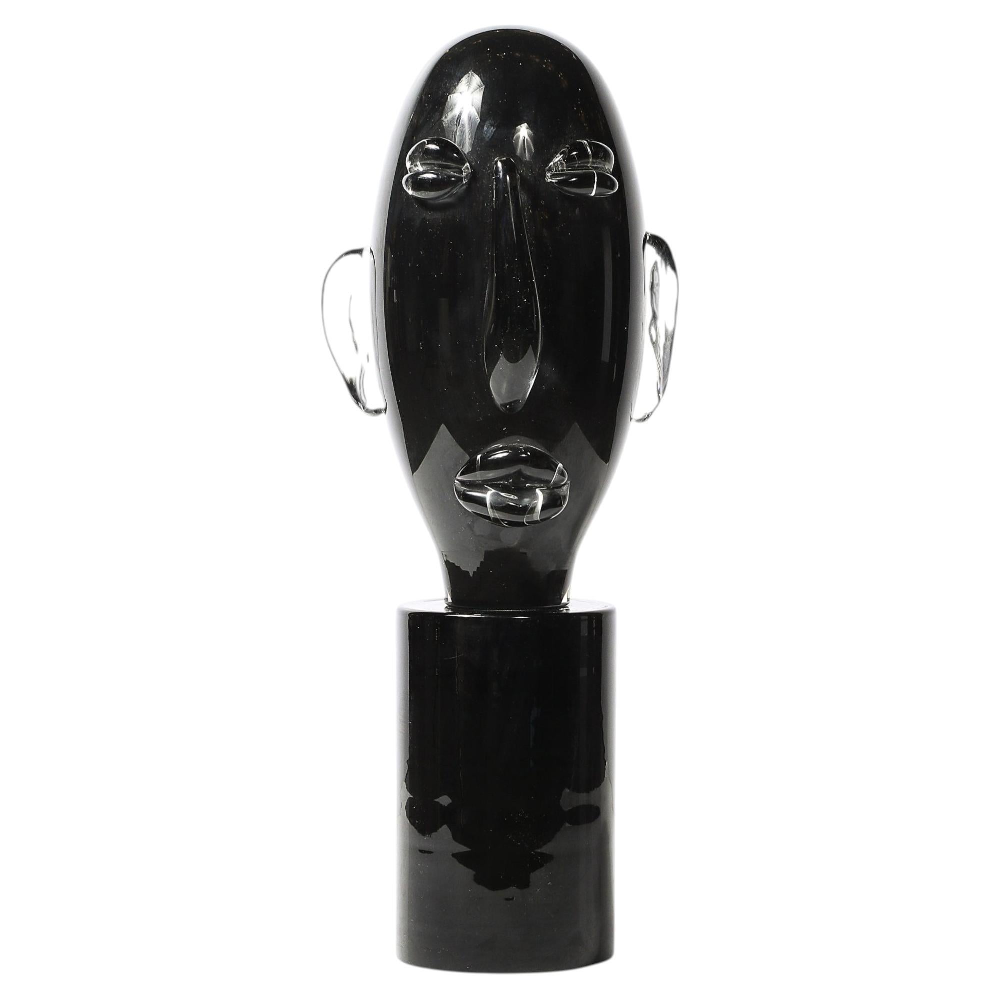 Mid-Century Hand-Blown Murano Black Glass Head Sculpture signed Sergio Rossi