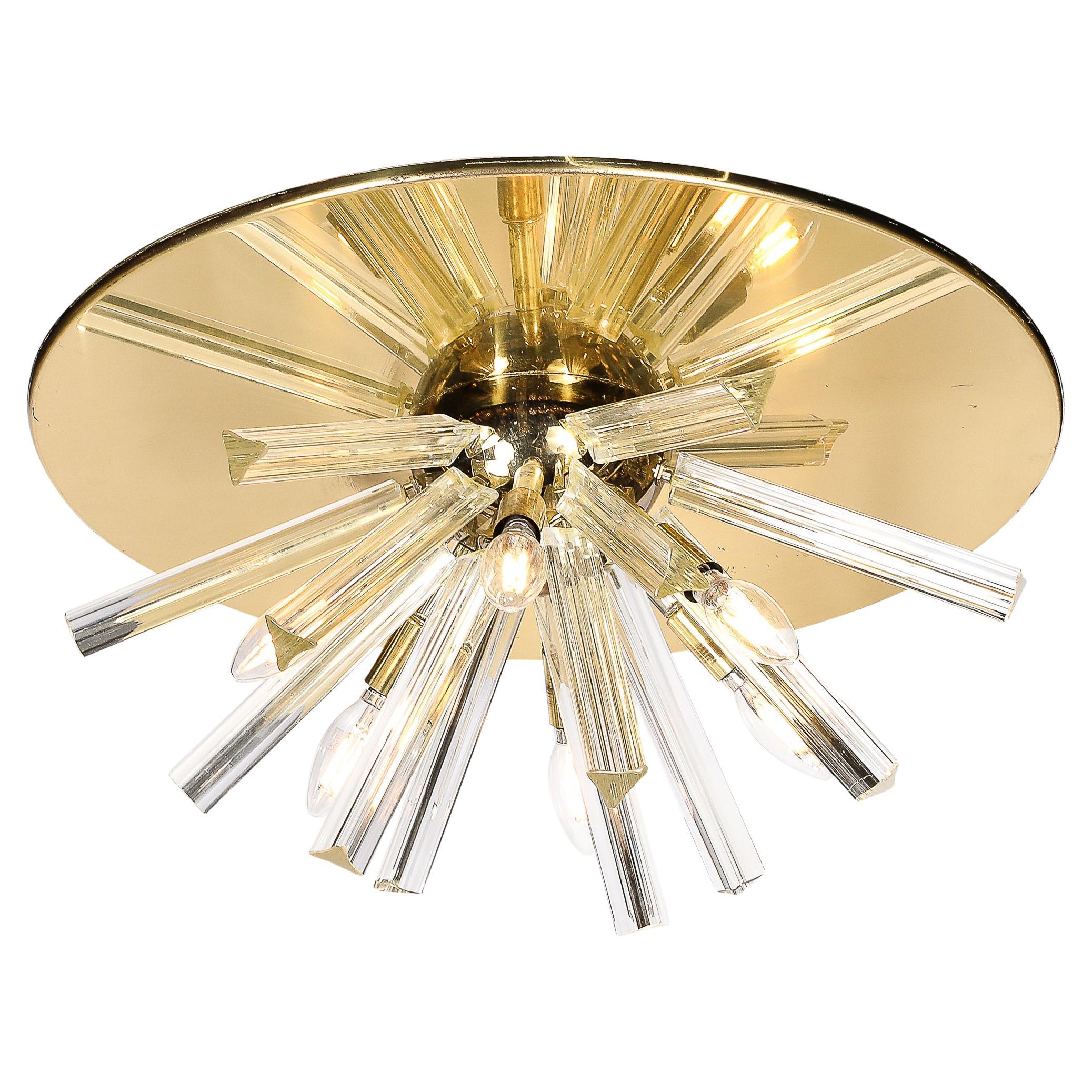 Mid-Century mundgeblasenes Murano Camer Glass & Messing Flush-Mount Kronleuchter