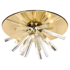 Mid-Century mundgeblasenes Murano Camer Glass & Messing Flush-Mount Kronleuchter