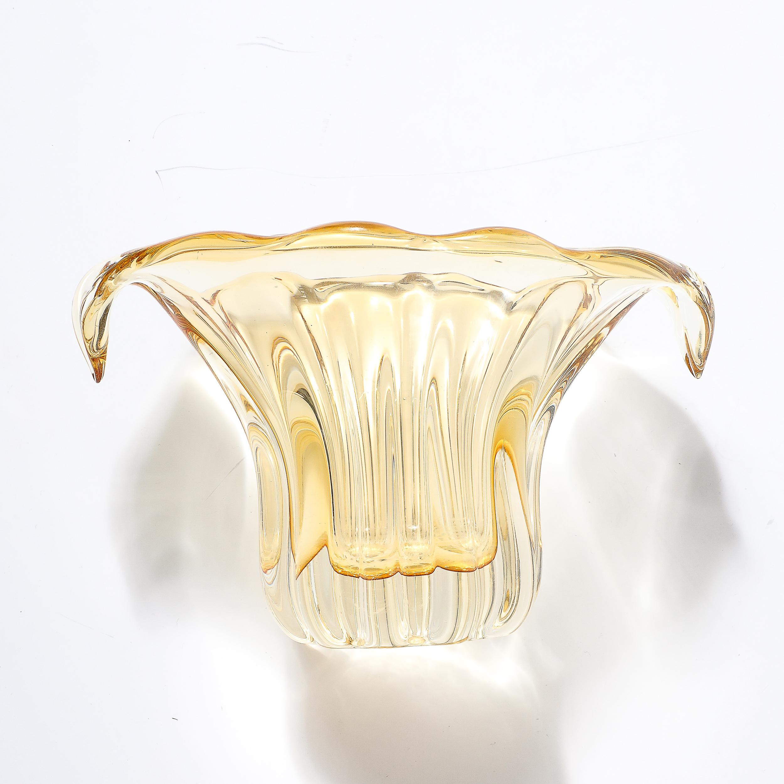 Mid-Century Hand-Blown Murano Citrine Glass Vase with Fluted Curved ...