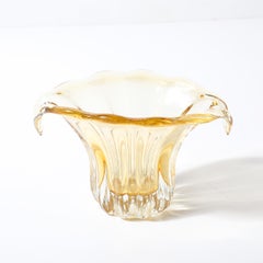 Mid-Century Hand-Blown Murano Citrine Glass Vase with Fluted Curved Opening