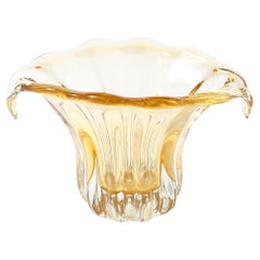 Mid-Century Hand-Blown Murano Citrine Glass Vase with Fluted Curved Opening