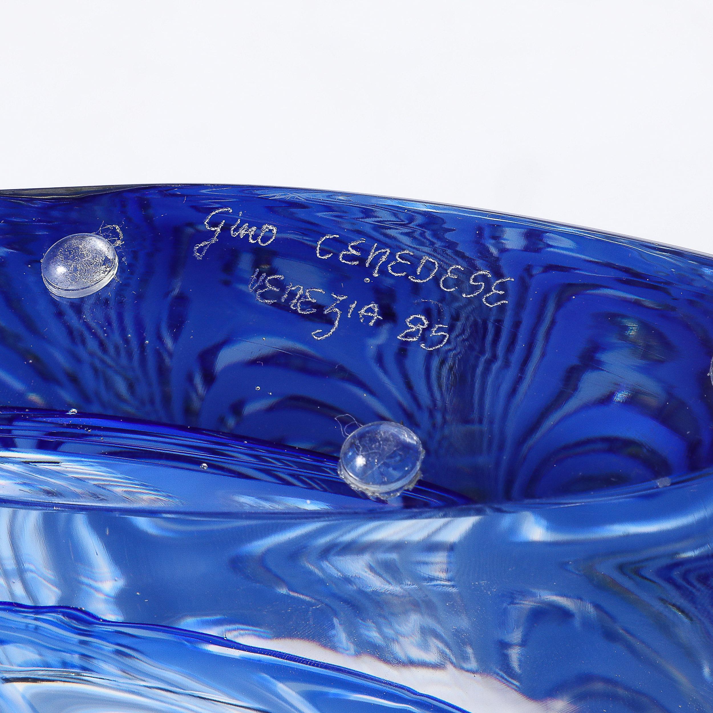 Vaso in vetro trasparente e cobalto di Murano soffiato a mano della metà del secolo scorso firmato Cenedese in vendita 6