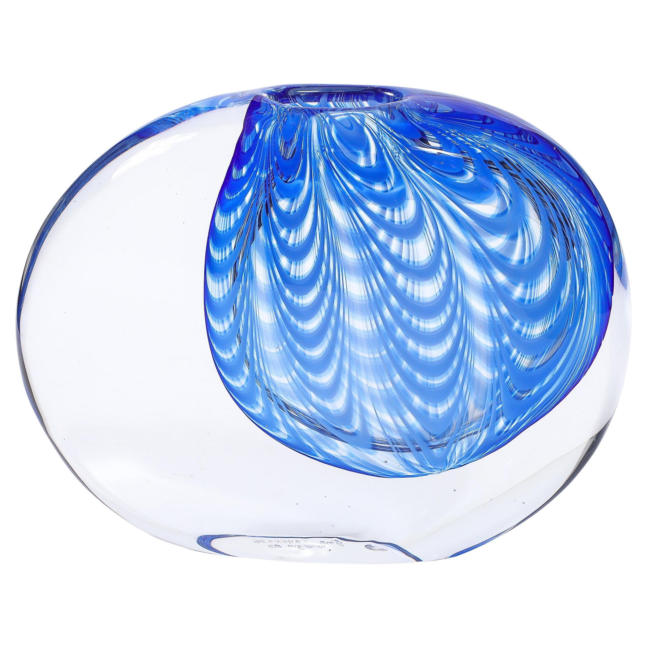 Mid-Century Hand-Blown Murano Cobalt & Transparent Glass Vase signed Cenedese