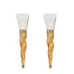 Handgeblasene Wandleuchten aus mattiertem Murano-Glas im Mid-Century-Stil mit spiralförmigem bernsteinfarbenem Tropfen