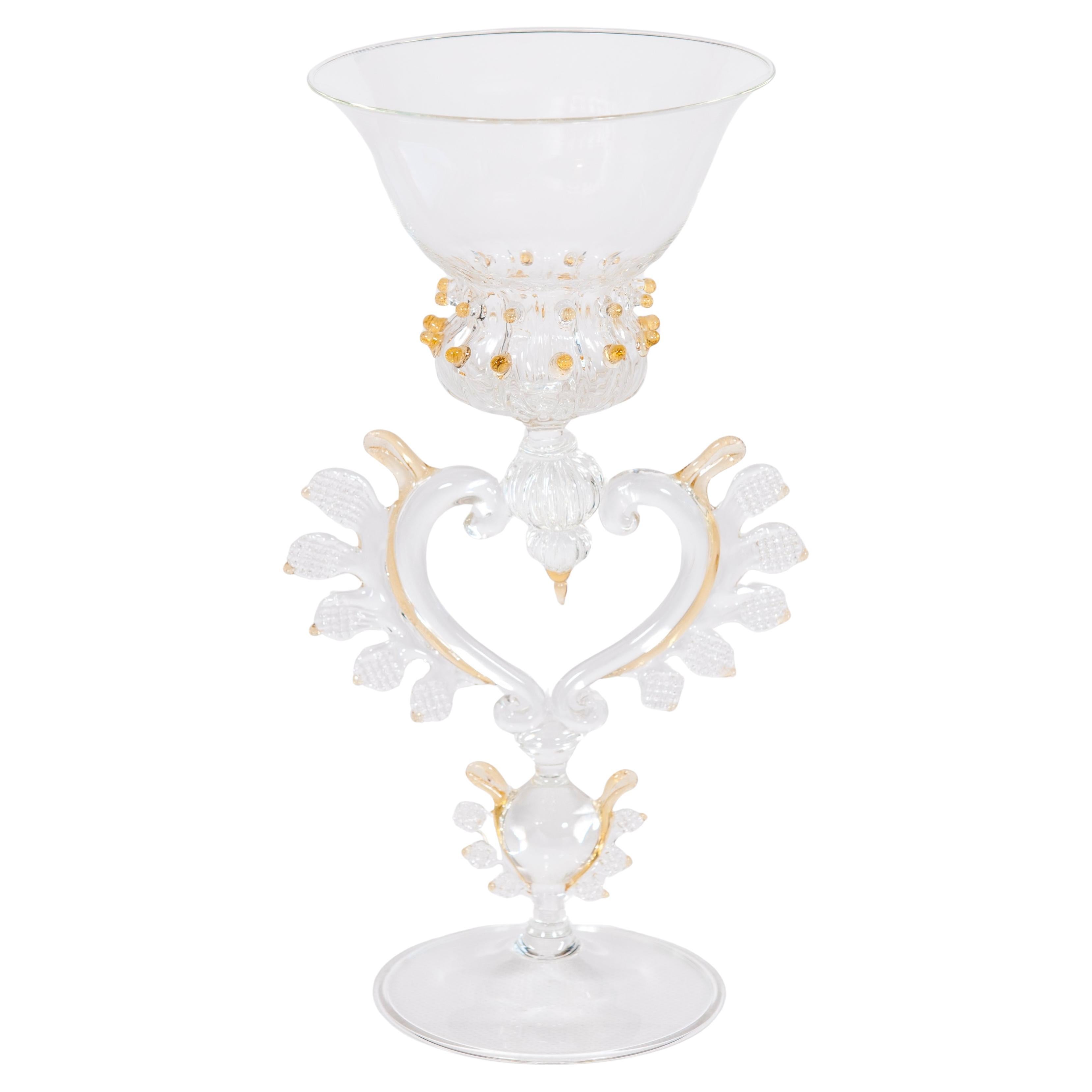 Mid-Century Hand-Blown Murano Glass Decorative Goblet in Amber and Clear glass For Sale