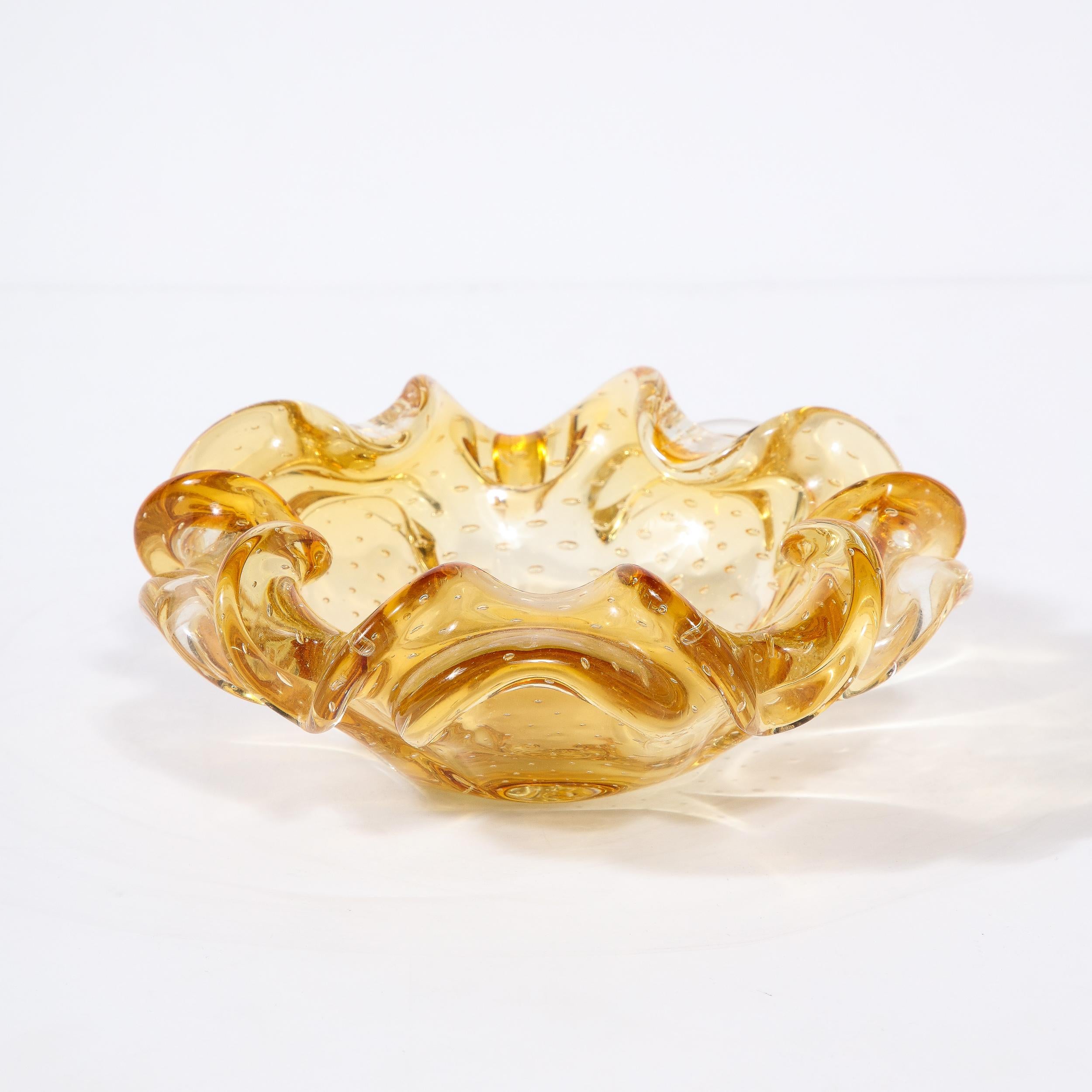 Italian Mid-Century Hand-Blown Murano Glass Dish in Citrine with Murine Detailing For Sale