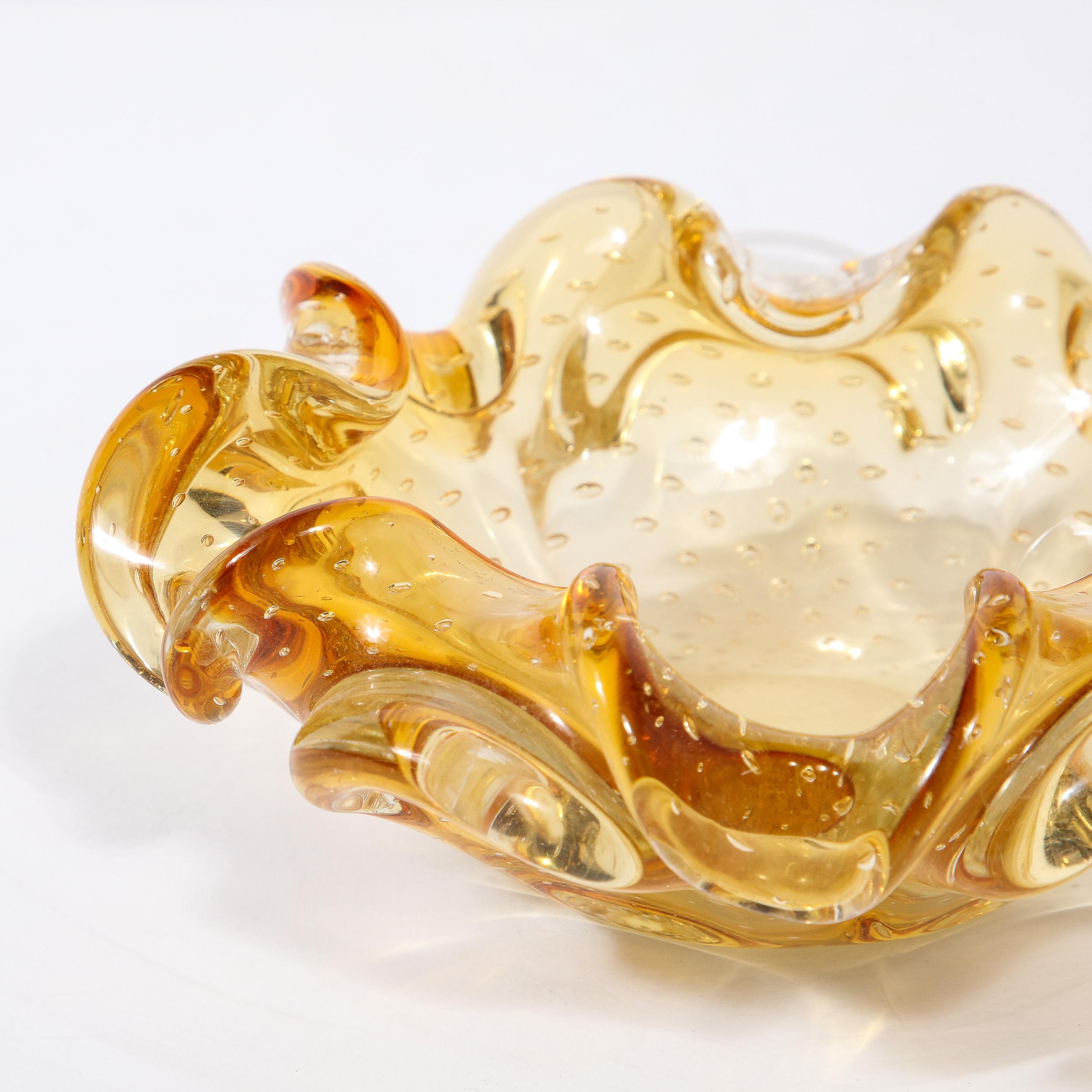 Mid-20th Century Mid-Century Hand-Blown Murano Glass Dish in Citrine with Murine Detailing For Sale