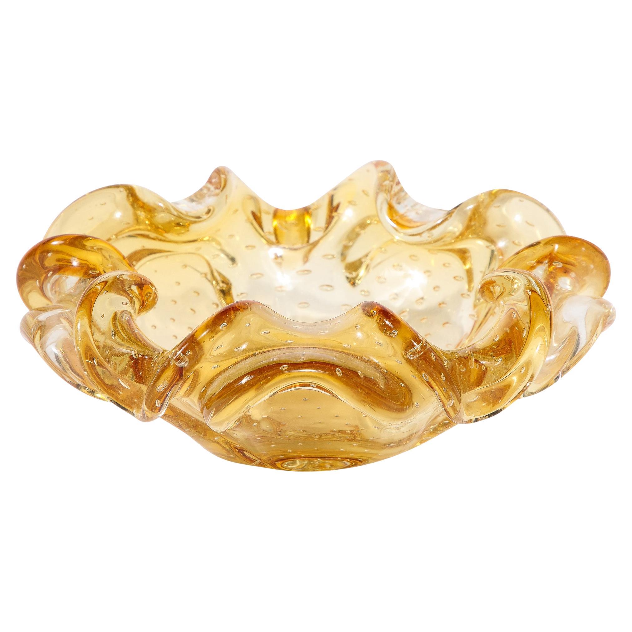 Mid-Century Hand-Blown Murano Glass Dish in Citrine with Murine Detailing For Sale