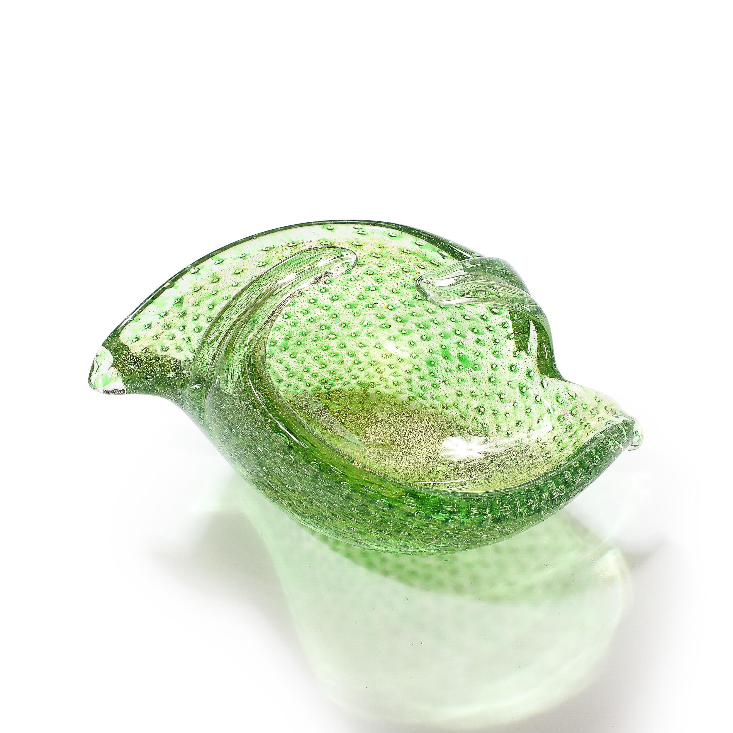 Mid-Century Modern Mid-Century Hand-Blown Murano Glass Dish in Lime Green with Bullicante Detailing For Sale