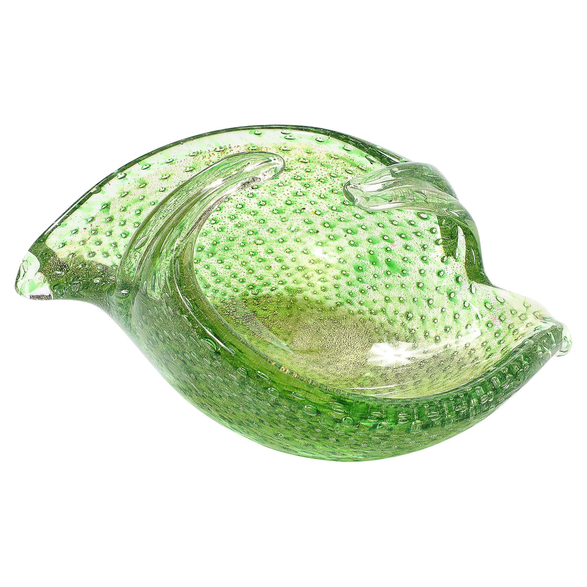 Mid-Century Hand-Blown Murano Glass Dish in Lime Green with Bullicante Detailing