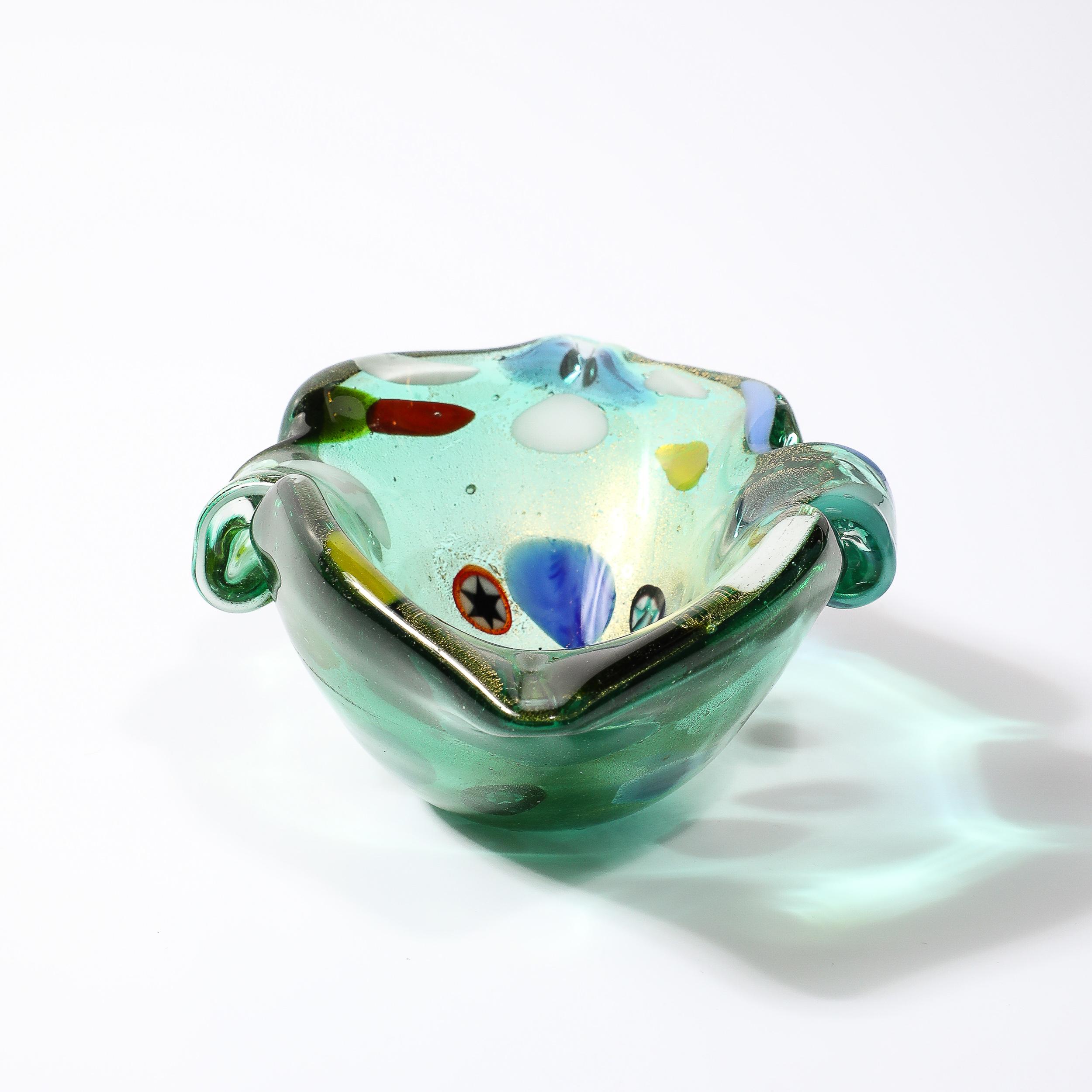 Mid-Century Hand-Blown Murano Glass Emerald Green & Millefiori Detailed Bowl  For Sale 6