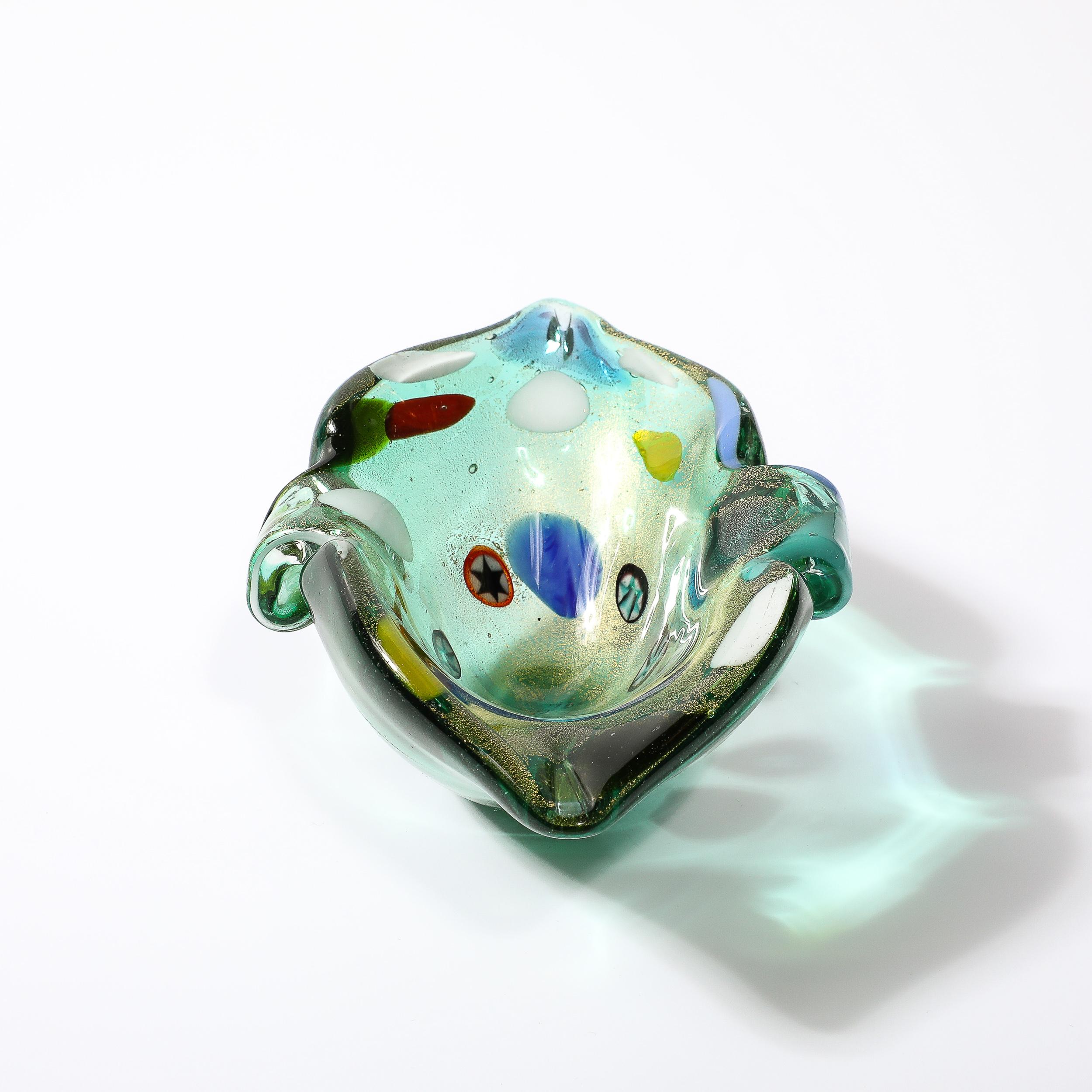 Mid-Century Modern Mid-Century Hand-Blown Murano Glass Emerald Green & Millefiori Detailed Bowl  For Sale