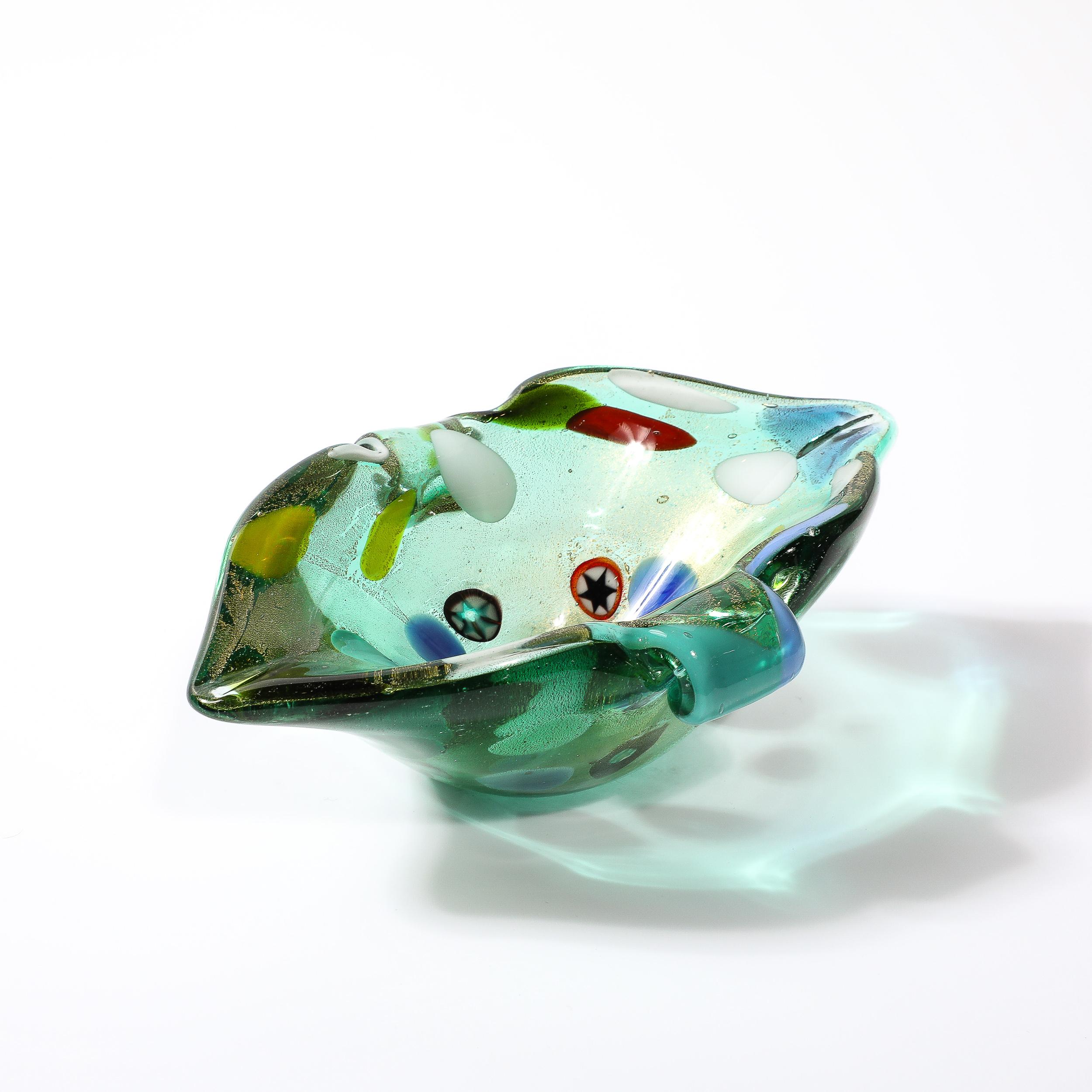 Italian Mid-Century Hand-Blown Murano Glass Emerald Green & Millefiori Detailed Bowl  For Sale