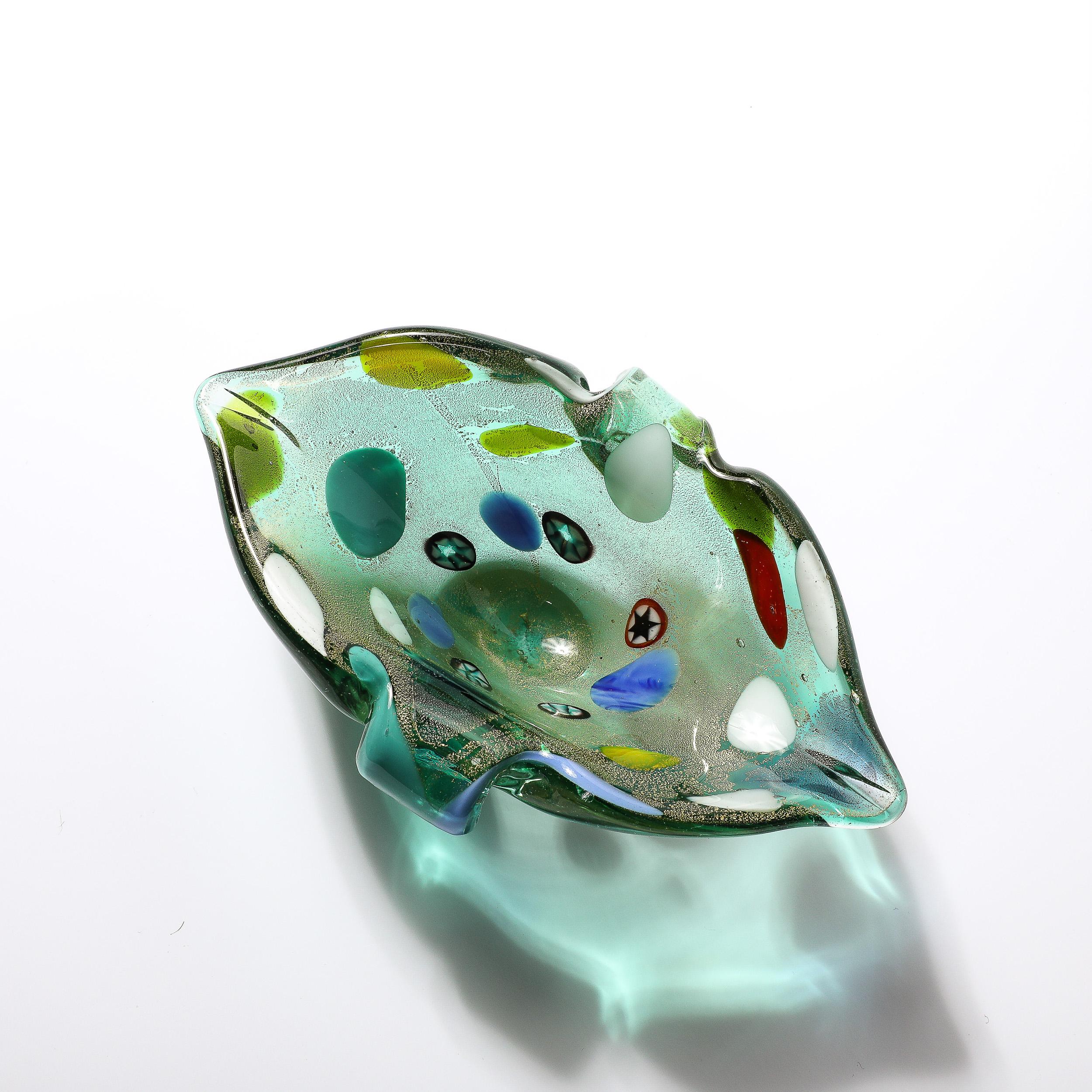 Mid-20th Century Mid-Century Hand-Blown Murano Glass Emerald Green & Millefiori Detailed Bowl  For Sale