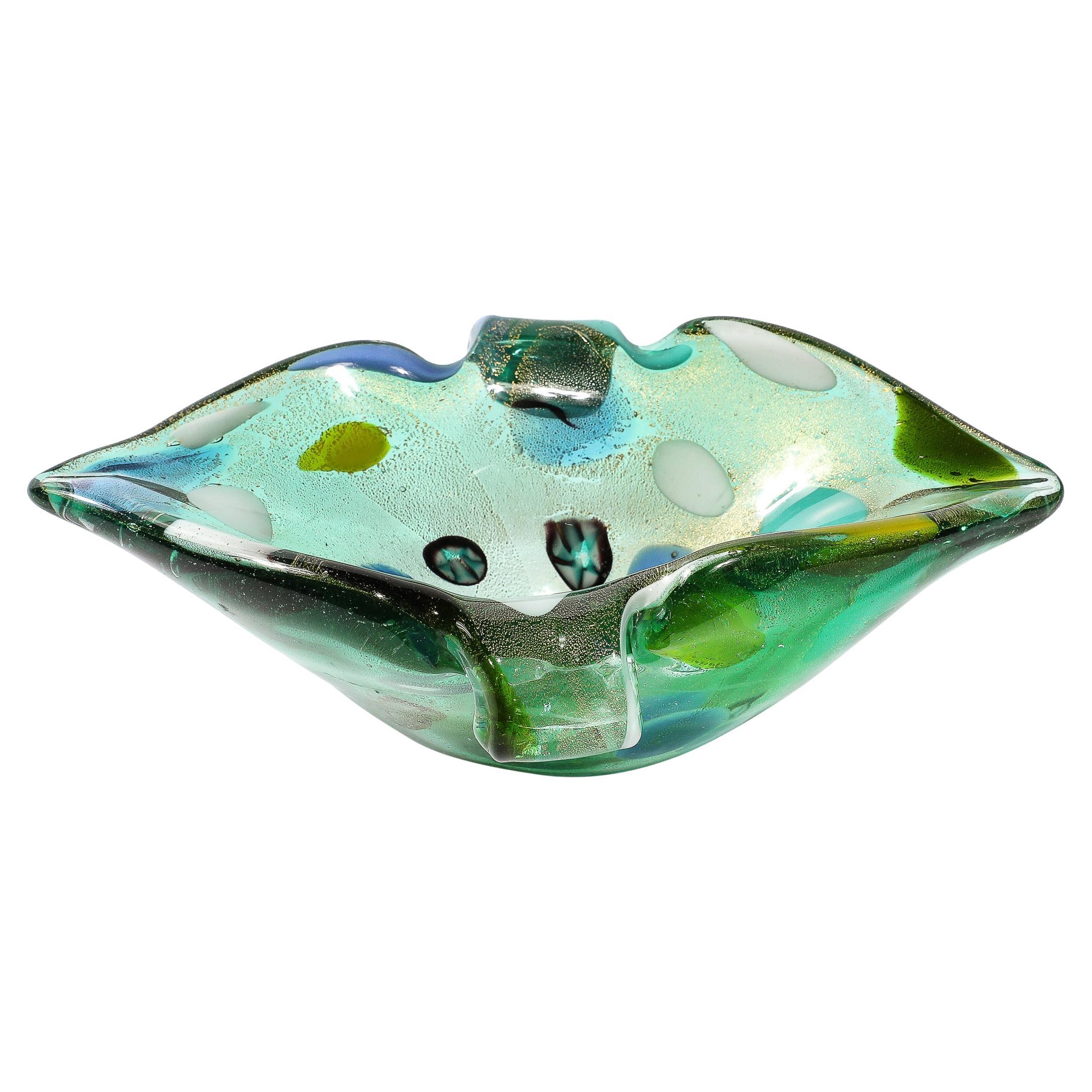 Mid-Century Hand-Blown Murano Glass Emerald Green & Millefiori Detailed Bowl  For Sale