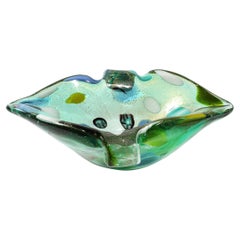Vintage Mid-Century Hand-Blown Murano Glass Emerald Green & Millefiori Detailed Bowl 