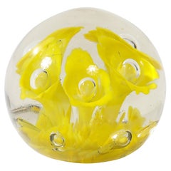Mid-Century Hand-Blown Murano Glass Paperweight w/ Yellow Trumpet Motif