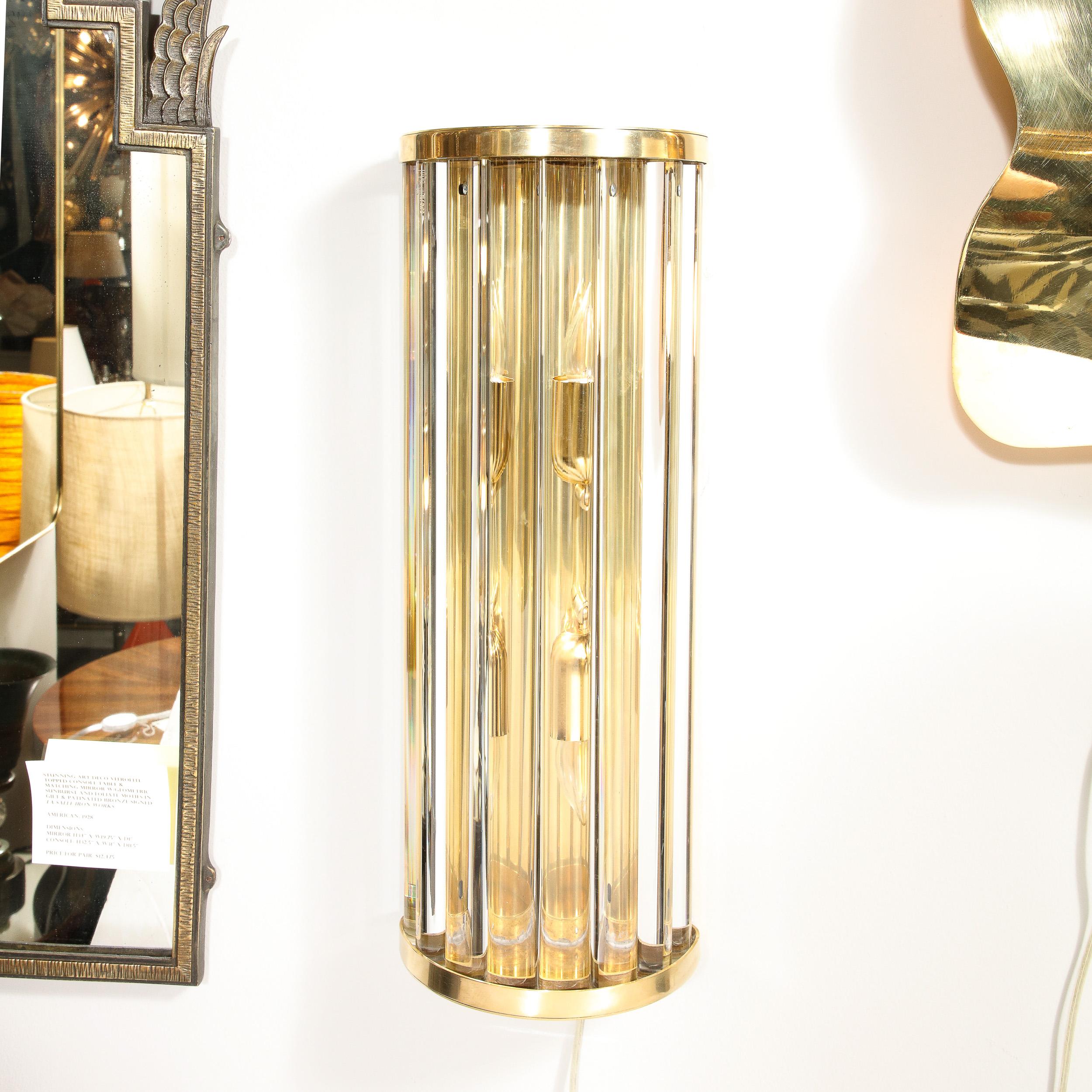 Mid-Century Modern Mid-Century Hand-Blown Murano Glass Rod & Brass Sconces Signed Tosso Murano For Sale