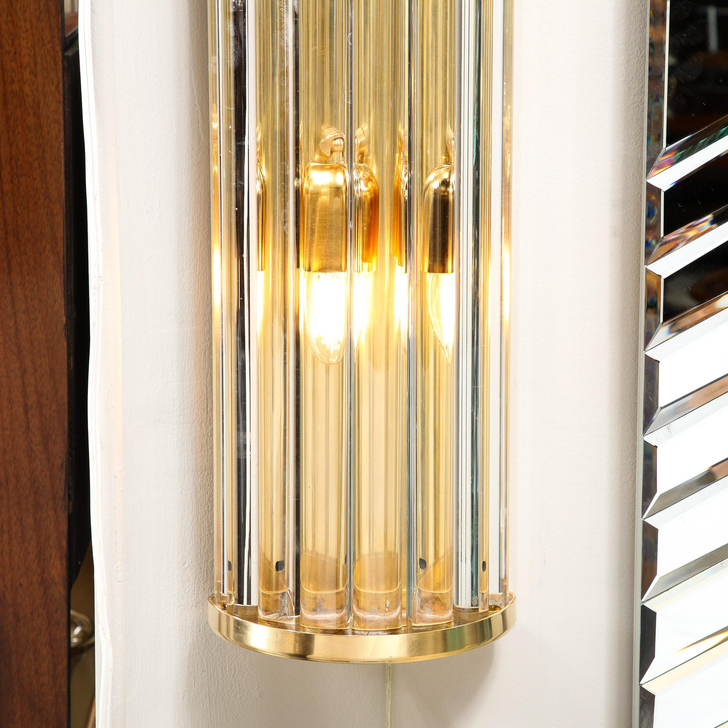 Mid-Century Modern Mid-Century Hand-Blown Murano Glass Rod & Brass Sconces Signed Tosso Murano For Sale