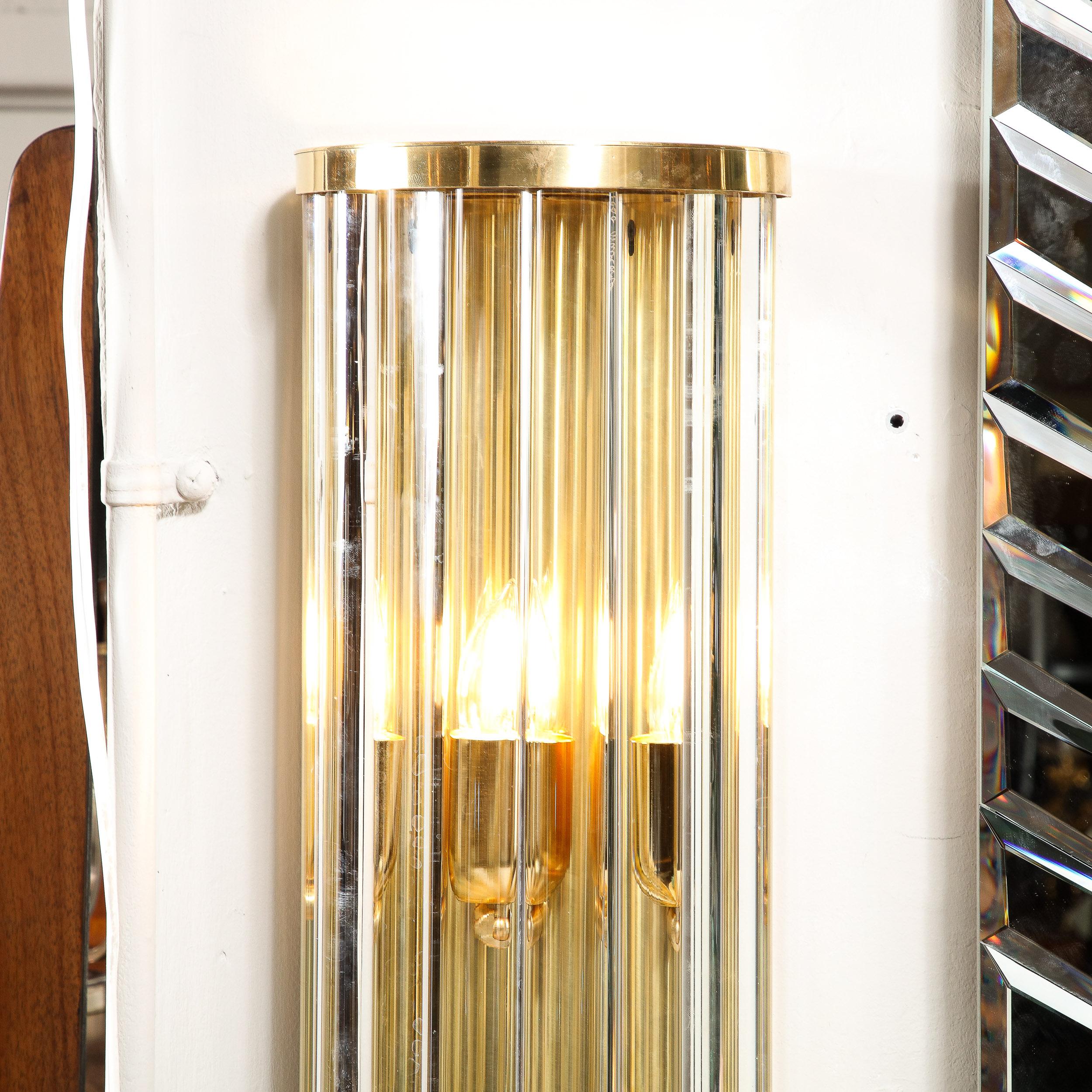 Italian Mid-Century Hand-Blown Murano Glass Rod & Brass Sconces Signed Tosso Murano For Sale