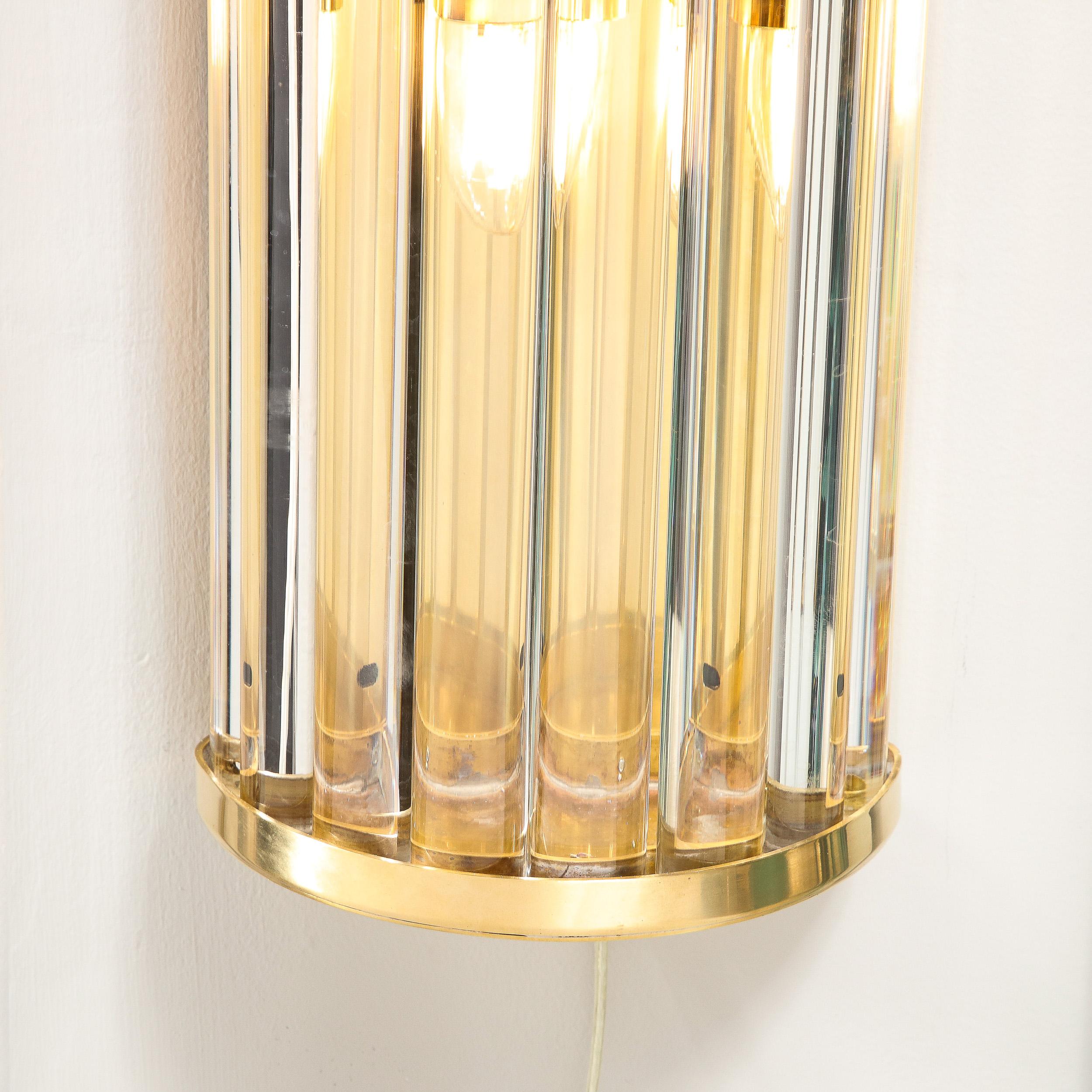 Mid-Century Hand-Blown Murano Glass Rod & Brass Sconces Signed Tosso Murano In Excellent Condition For Sale In New York, NY