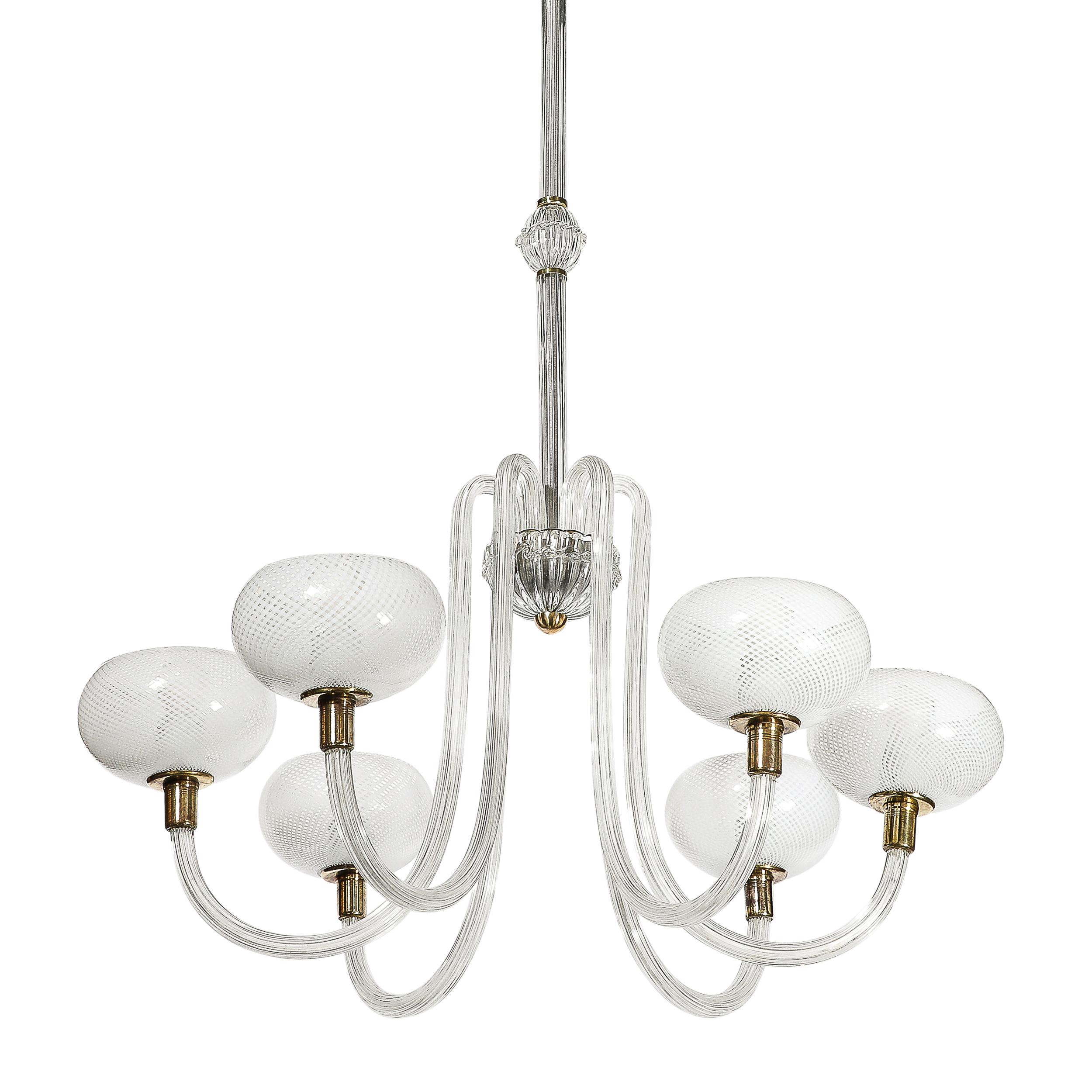 This stunning Mid-Century Modernist Hand-Blown Murano Glass Six Arm Chandelier W/Filigree Detailing & Oil Rubbed Bronze Fittings by Barovier & Toso originates from Italy, Circa 1950. This chandelier features a classical form with understated