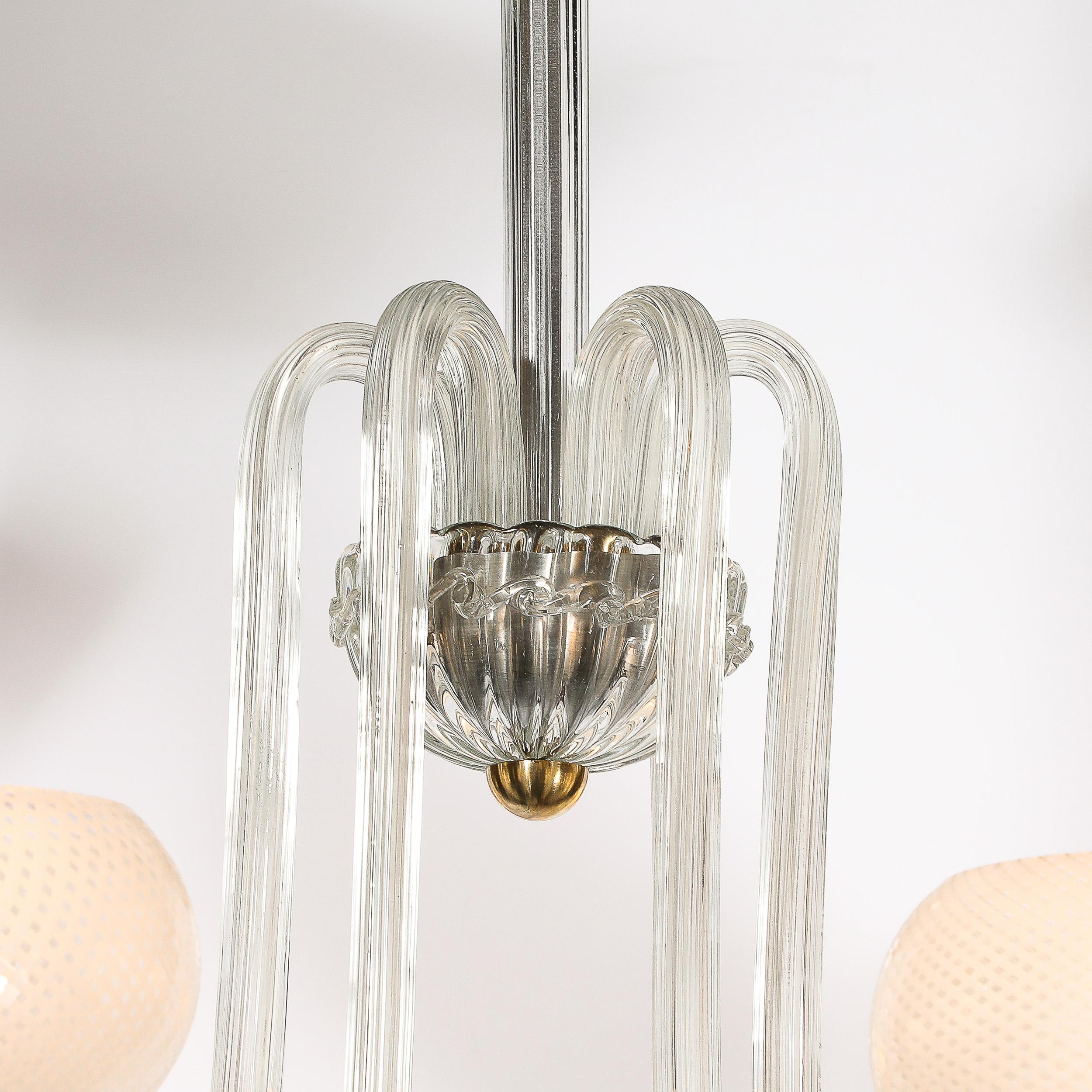 Brass Mid-Century Hand-Blown Murano Glass Six Arm Chandelier by Barovier & Toso For Sale