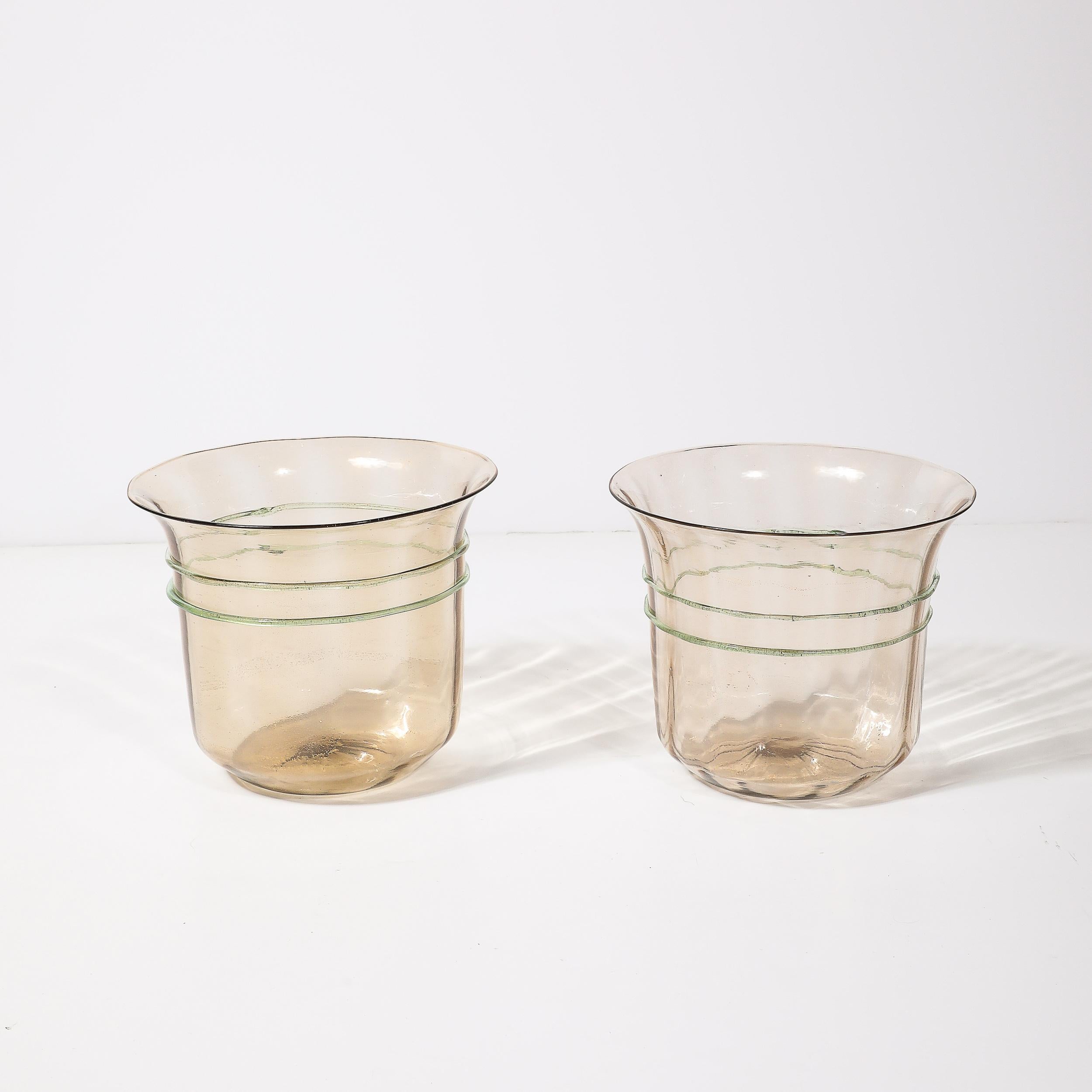 Cubiteras de mediados de siglo de cristal de Murano soplado a mano en ámbar ahumado y oro de 24 quilates fleck Italiano en venta