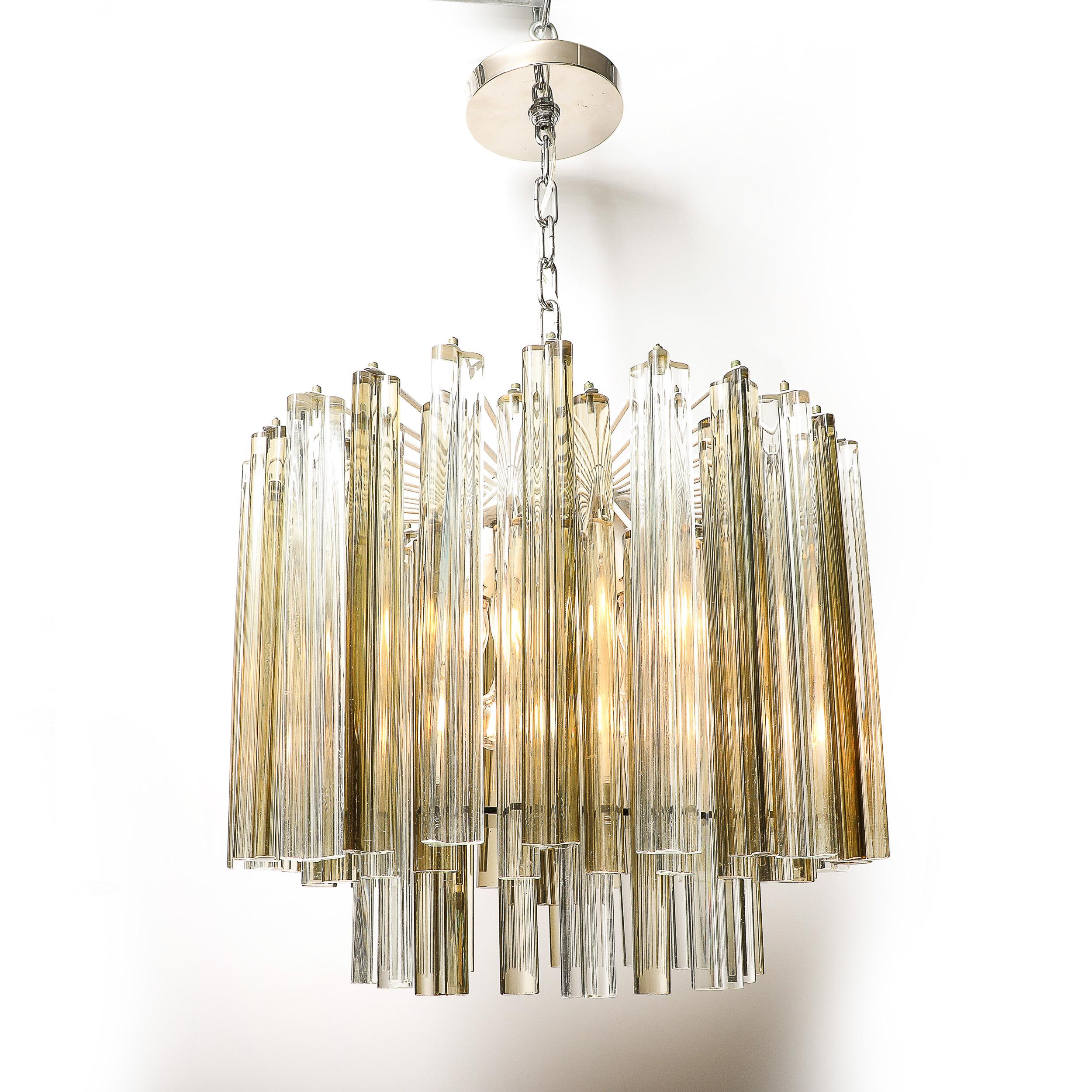 Italian Mid-Century Hand-Blown Murano Glass Three Tier Triedre Chandelier by Venini
