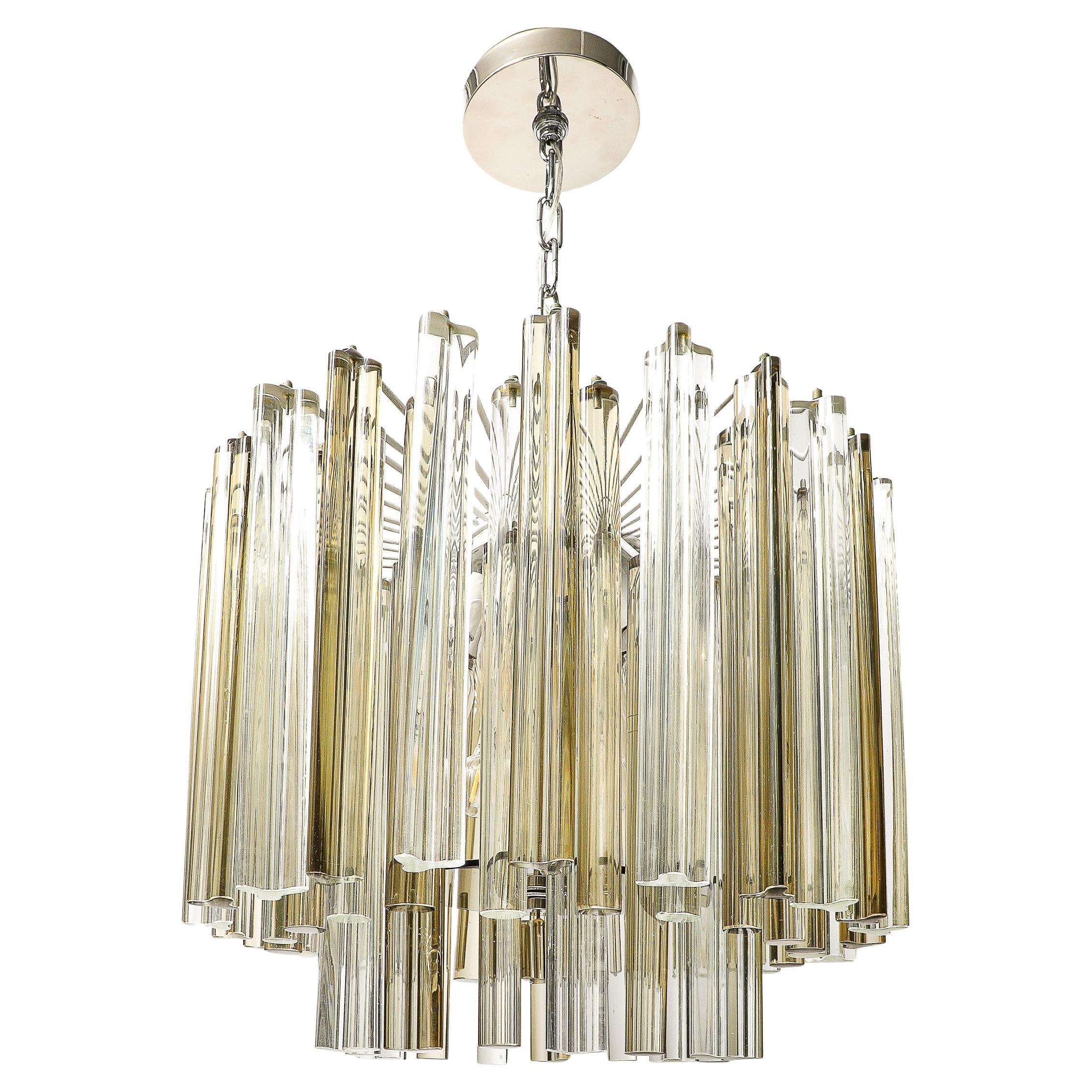 Mid-Century Hand-Blown Murano Glass Three Tier Triedre Chandelier by Venini For Sale
