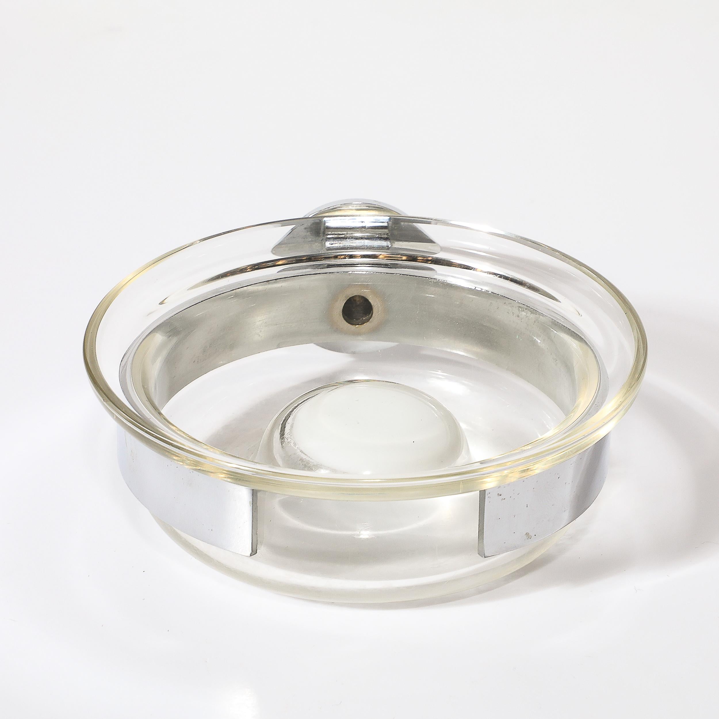 This highly elegant Mid-Century Modernist Hand-Blown Murano Glass Wall Mounted Soap Dish Signed Venini originates from Italy, Circa 1970. Features a chrome fitting that attaches to the wall signed venini, with a cyllindrical band of chrome
